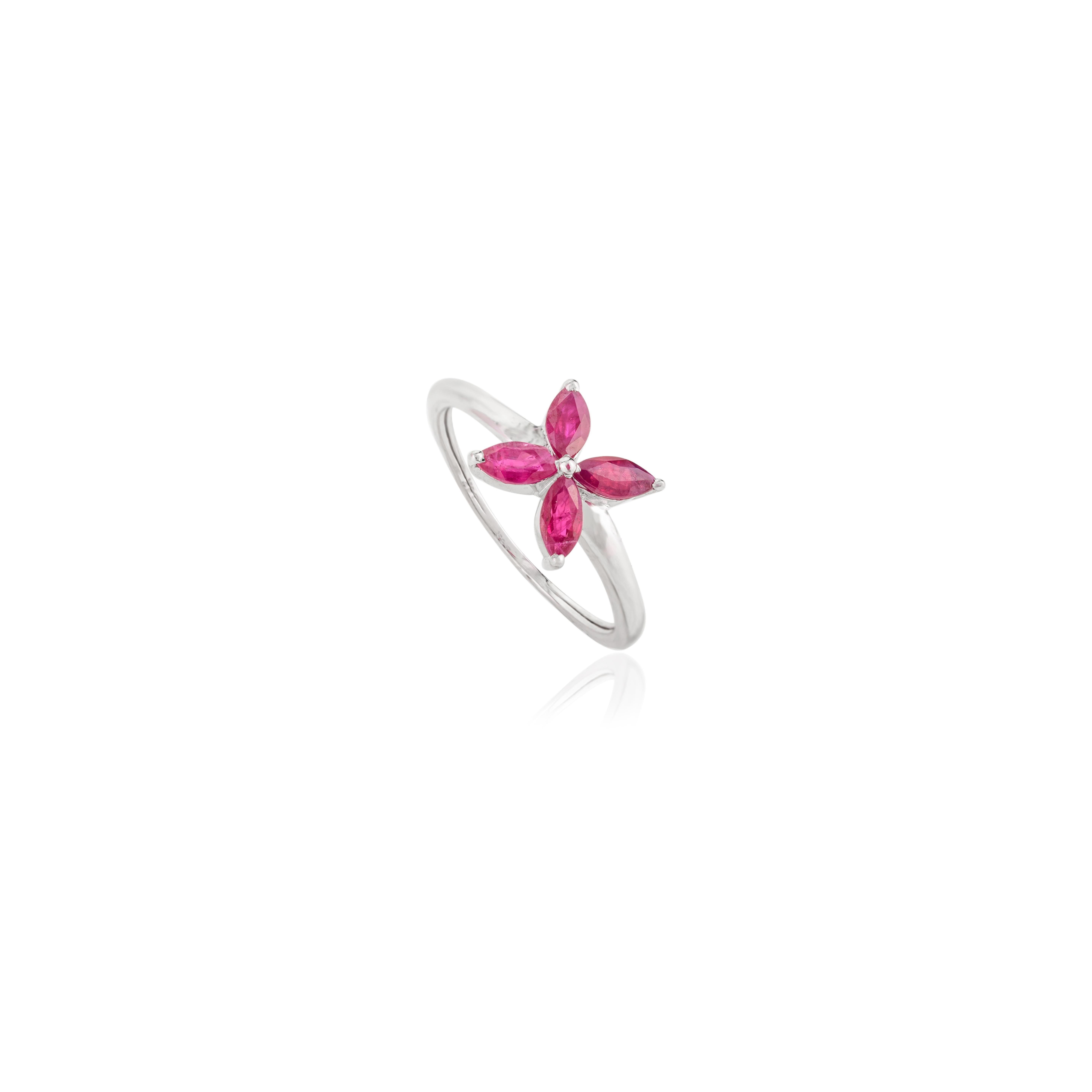 For Sale:  Ruby Flower Ring with Marquise Cut Ruby Set in 14k Solid White Gold 2