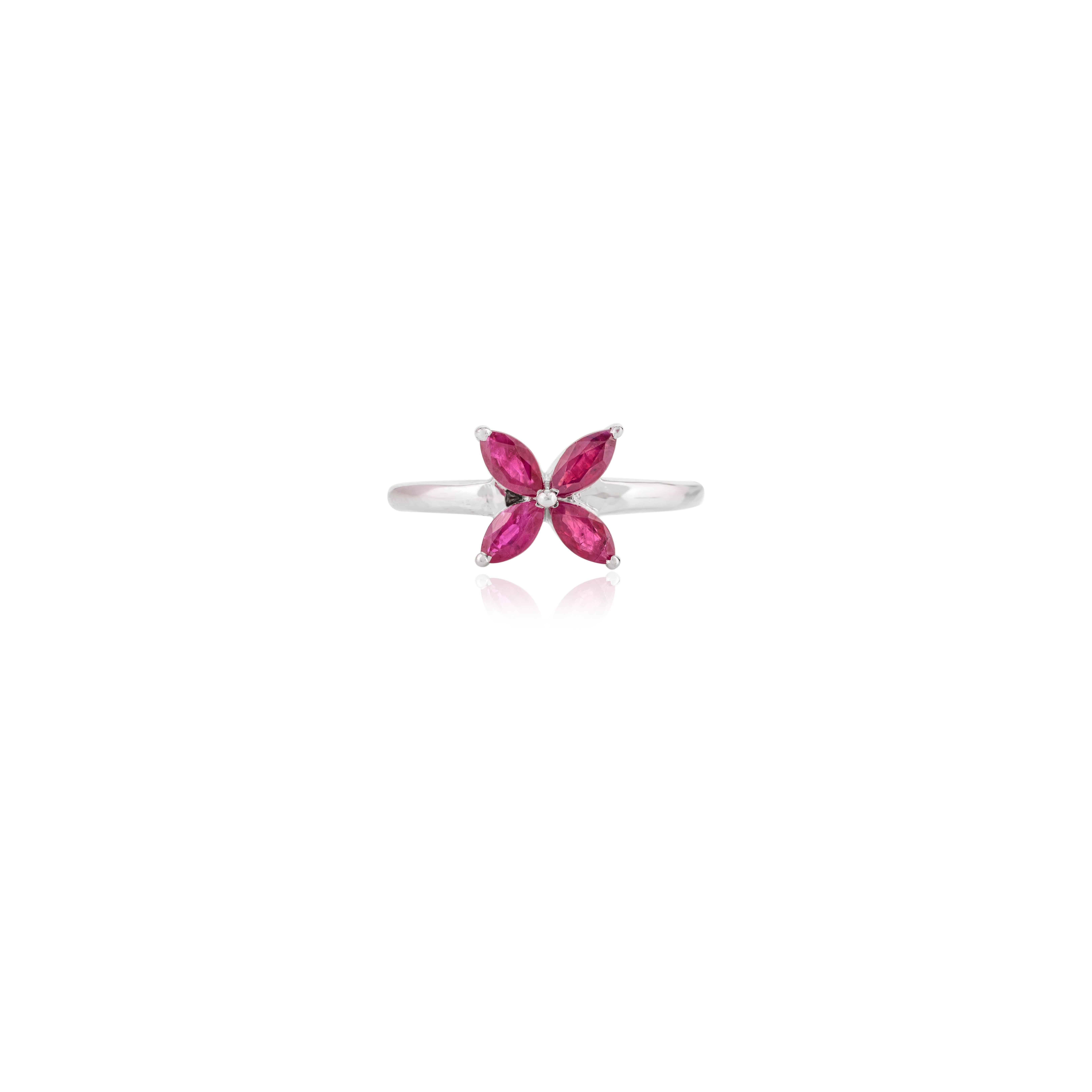 For Sale:  Ruby Flower Ring with Marquise Cut Ruby Set in 14k Solid White Gold 4