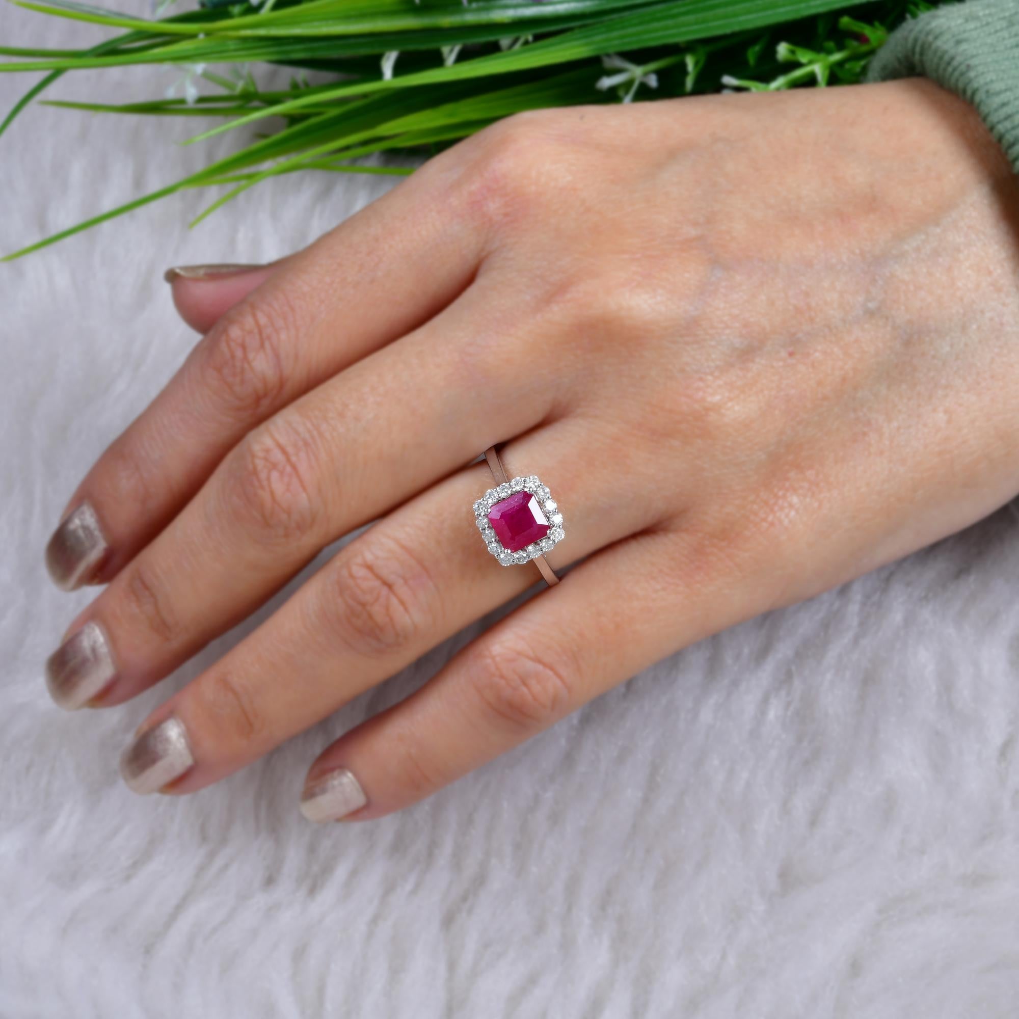 Women's Ruby Gemstone Cocktail Ring Diamond 14 Karat White Gold Handmade Fine Jewelry For Sale