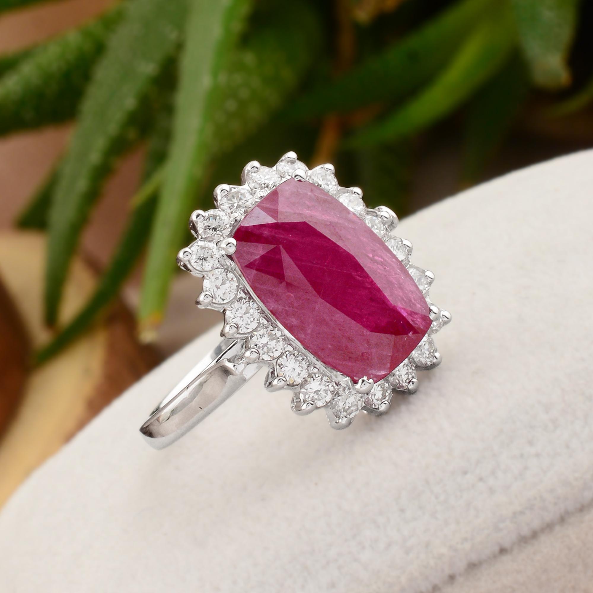 Modern Ruby Gemstone Cocktail Ring Diamond Pave 18k White Gold Handmade Fine Jewelry For Sale