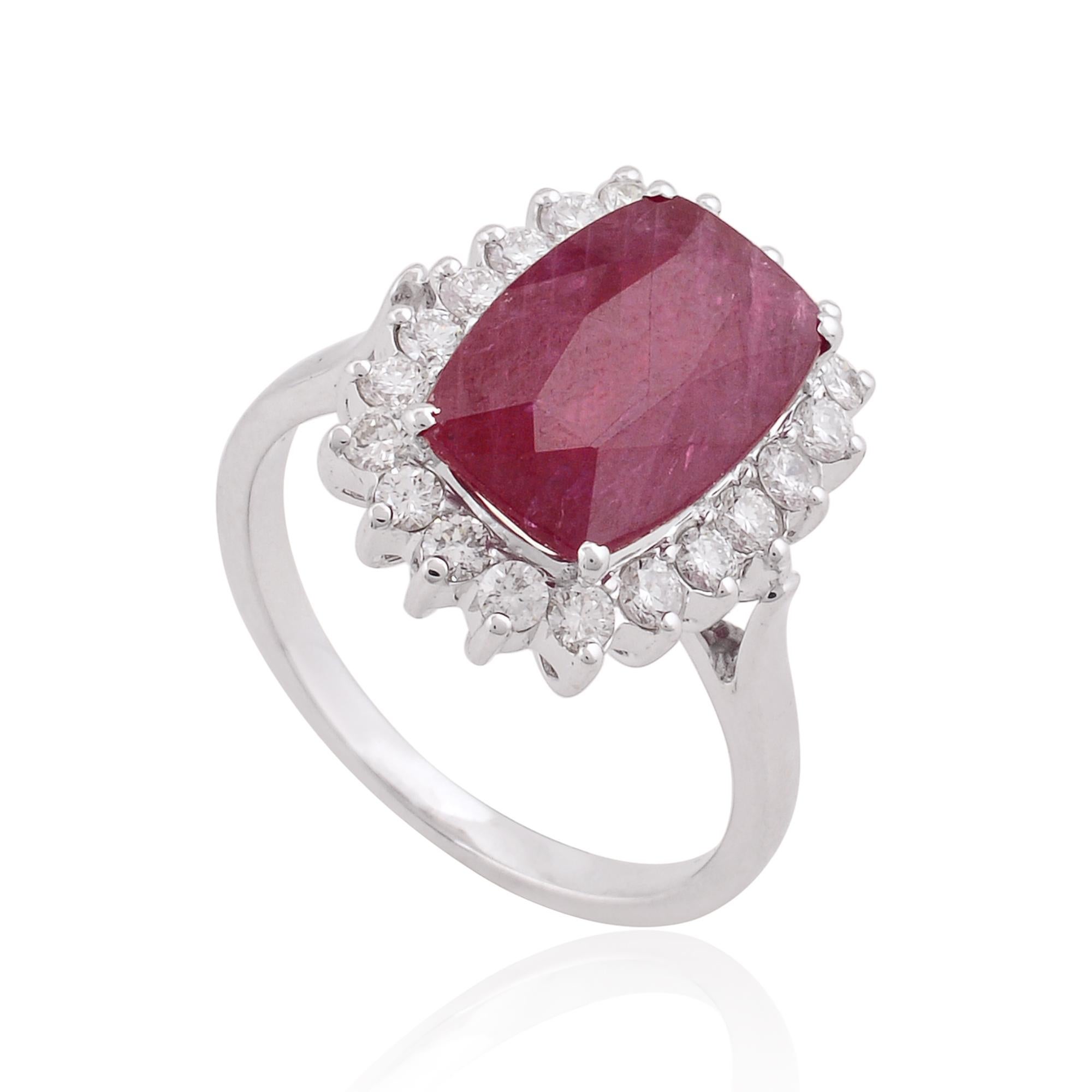 Round Cut Ruby Gemstone Cocktail Ring Diamond Pave 18k White Gold Handmade Fine Jewelry For Sale