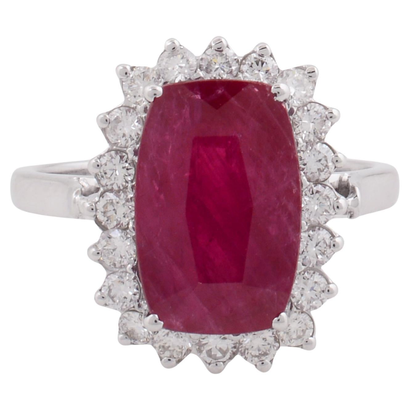 Ruby Gemstone Cocktail Ring Diamond Pave 18k White Gold Handmade Fine Jewelry For Sale