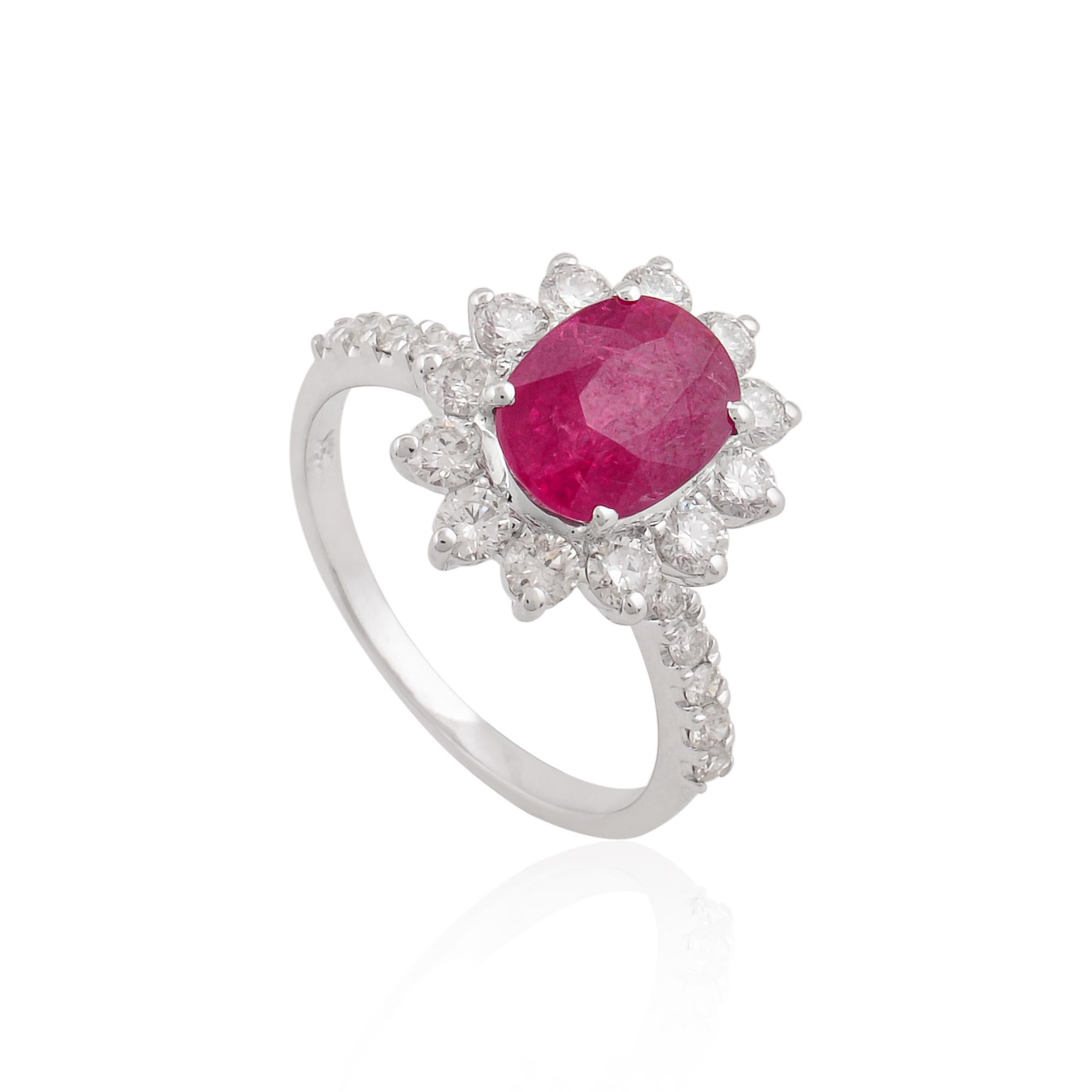 For Sale:  Ruby Gemstone Cocktail Ring SI Clarity HI Color Pave Diamond 18 Karat White Gold 4