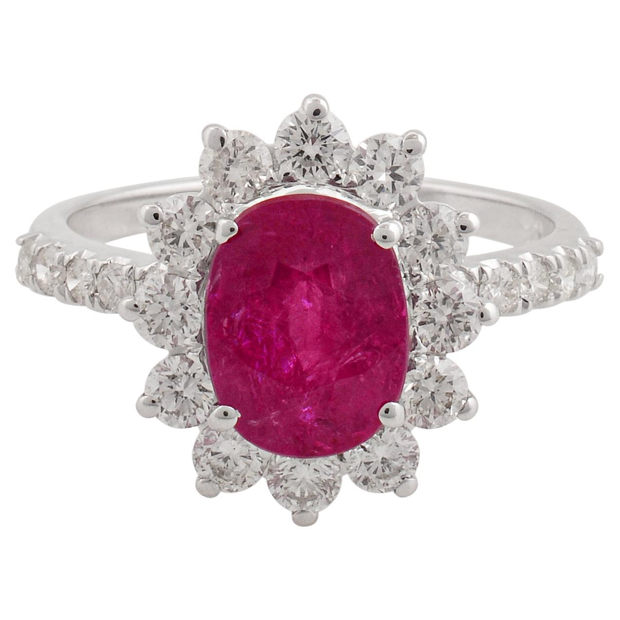 For Sale:  Ruby Gemstone Cocktail Ring SI Clarity HI Color Pave Diamond 18 Karat White Gold