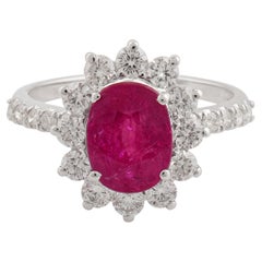 Ruby Gemstone Cocktail Ring SI Clarity HI Color Pave Diamond 18 Karat White Gold