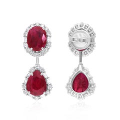 Ruby Gemstone Dangle Earrings Diamond 14 Karat White Gold Handmade Fine Jewelry