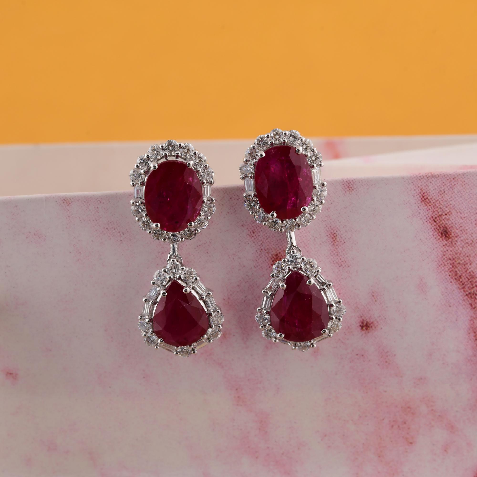 Pendientes Colgantes de Rubí Diamante Oro Blanco 14 Kilates Joyería Fina Hecha a Mano en Nuevo estado para la venta en Diera, Dubai