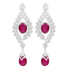 Ruby Gemstone Dangle Earrings Diamond 18 Karat Gold Silver Handmade Jewelry