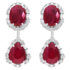 Ruby Gemstone Dangle Earrings Diamond 18 Karat White Gold Handmade Fine Jewelry