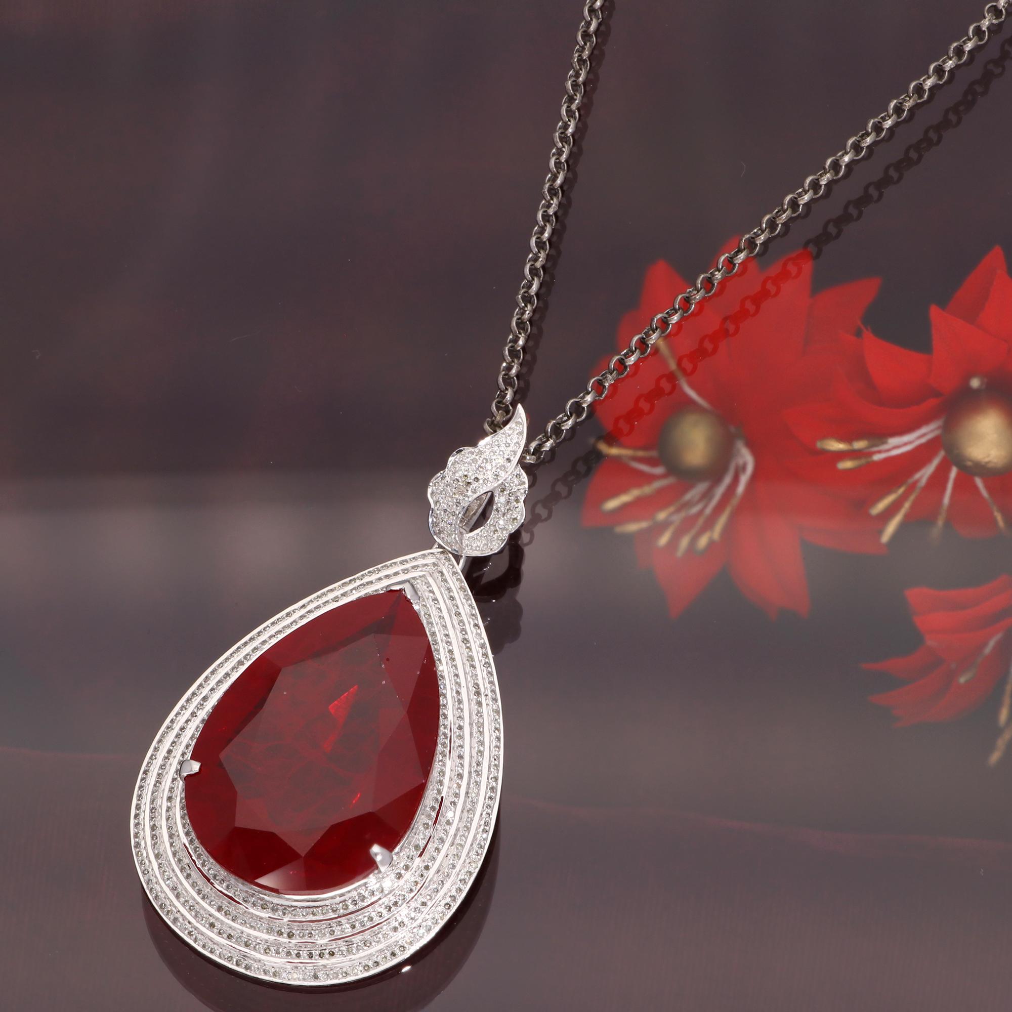 Modern Ruby Gemstone Dangle Earrings Pendant Diamond Necklace 18 Kt Gold Silver Jewelry