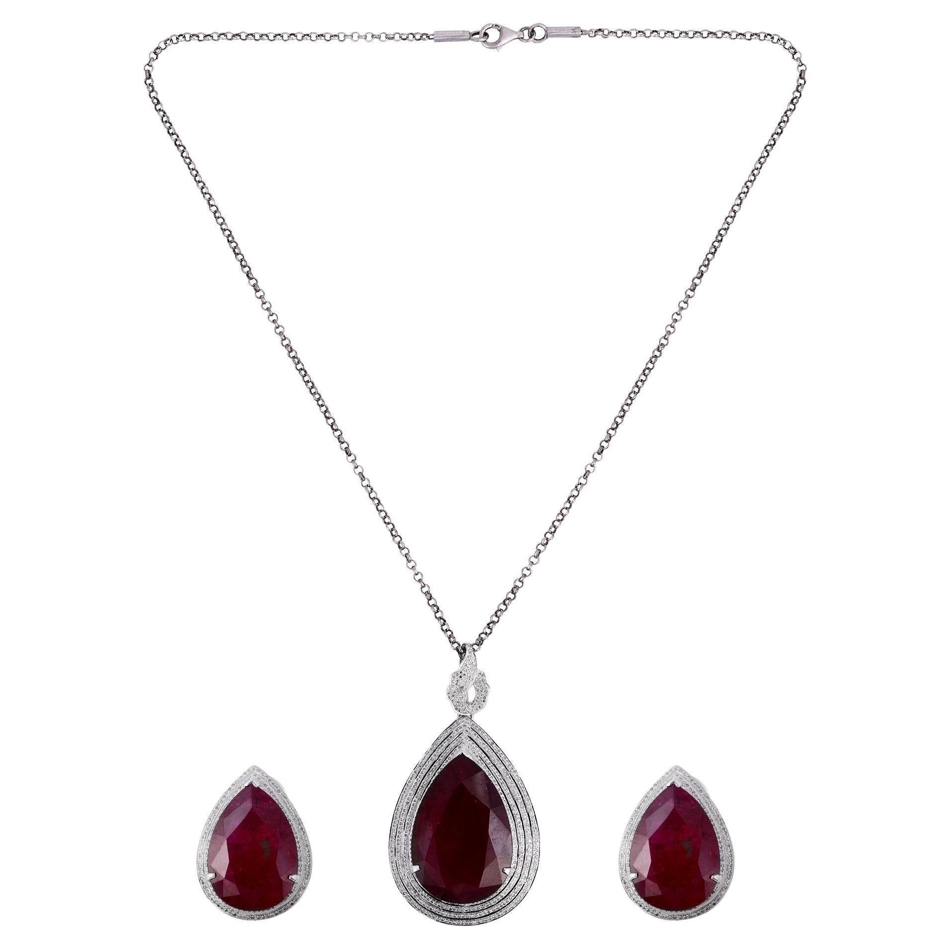 Ruby Gemstone Dangle Earrings Pendant Diamond Necklace 18 Kt Gold Silver Jewelry