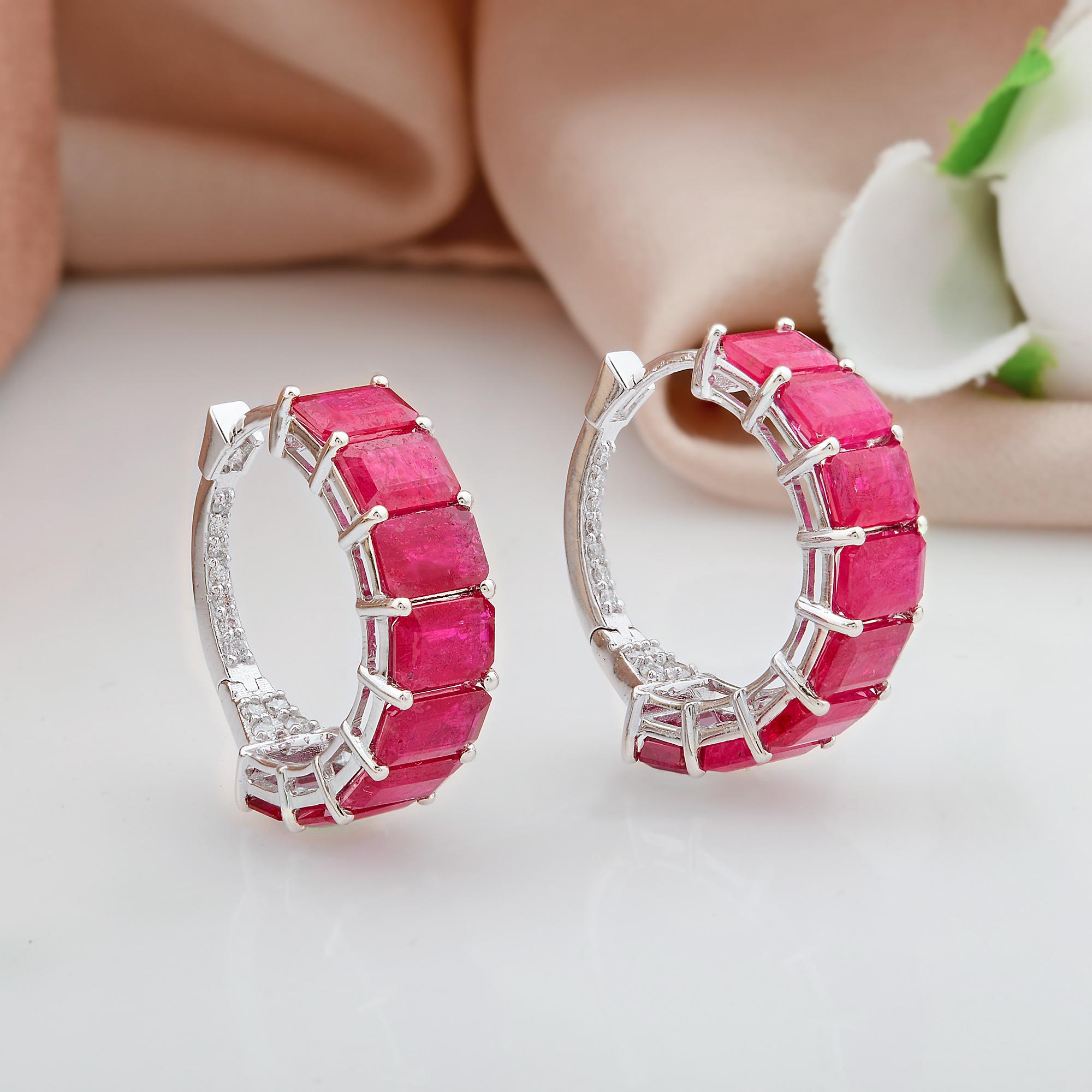 Octagon Cut Ruby Gemstone Hoop Earrings Pave Diamond Solid 18 Karat White Gold Fine Jewelry For Sale