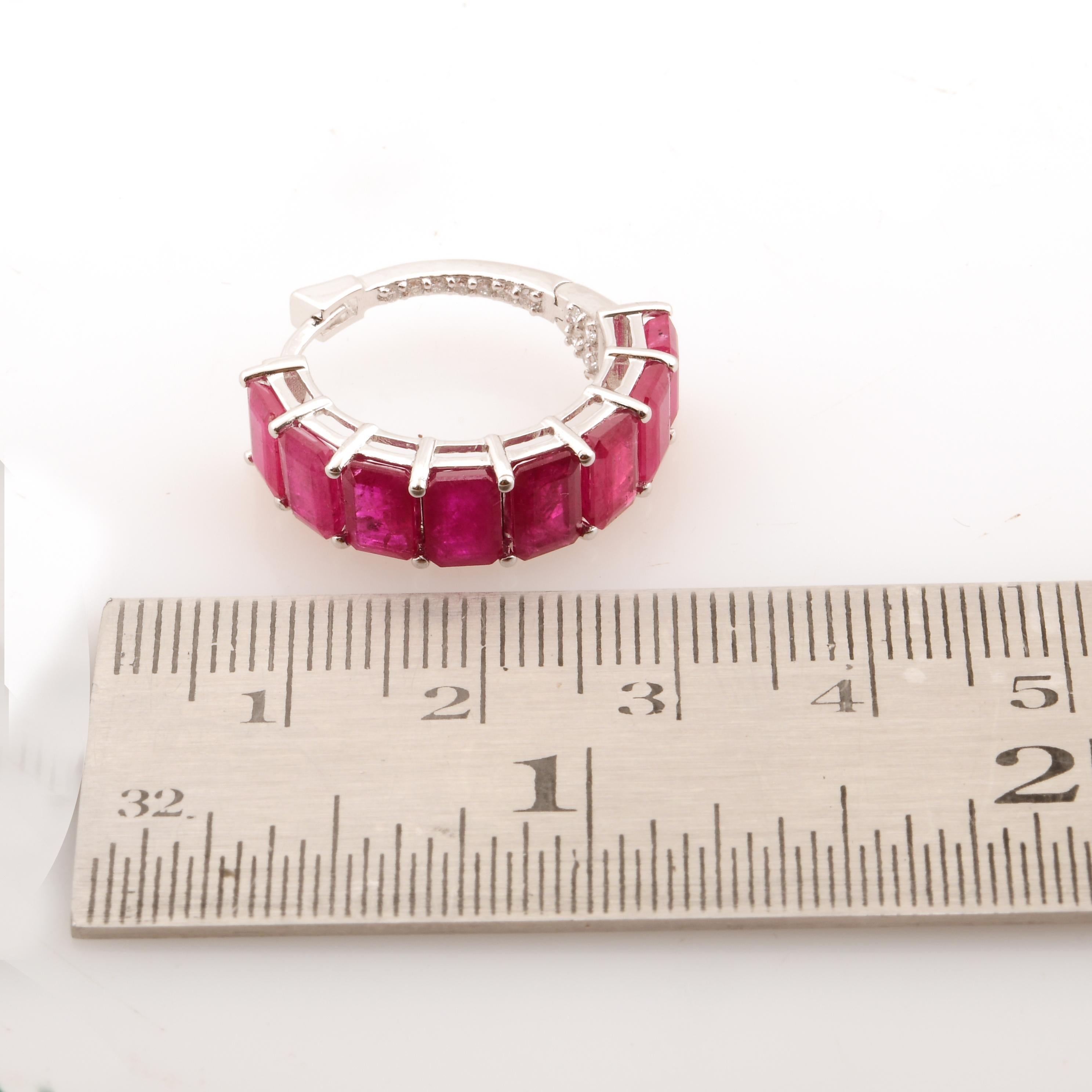 Women's Ruby Gemstone Hoop Earrings Pave Diamond Solid 18 Karat White Gold Fine Jewelry For Sale