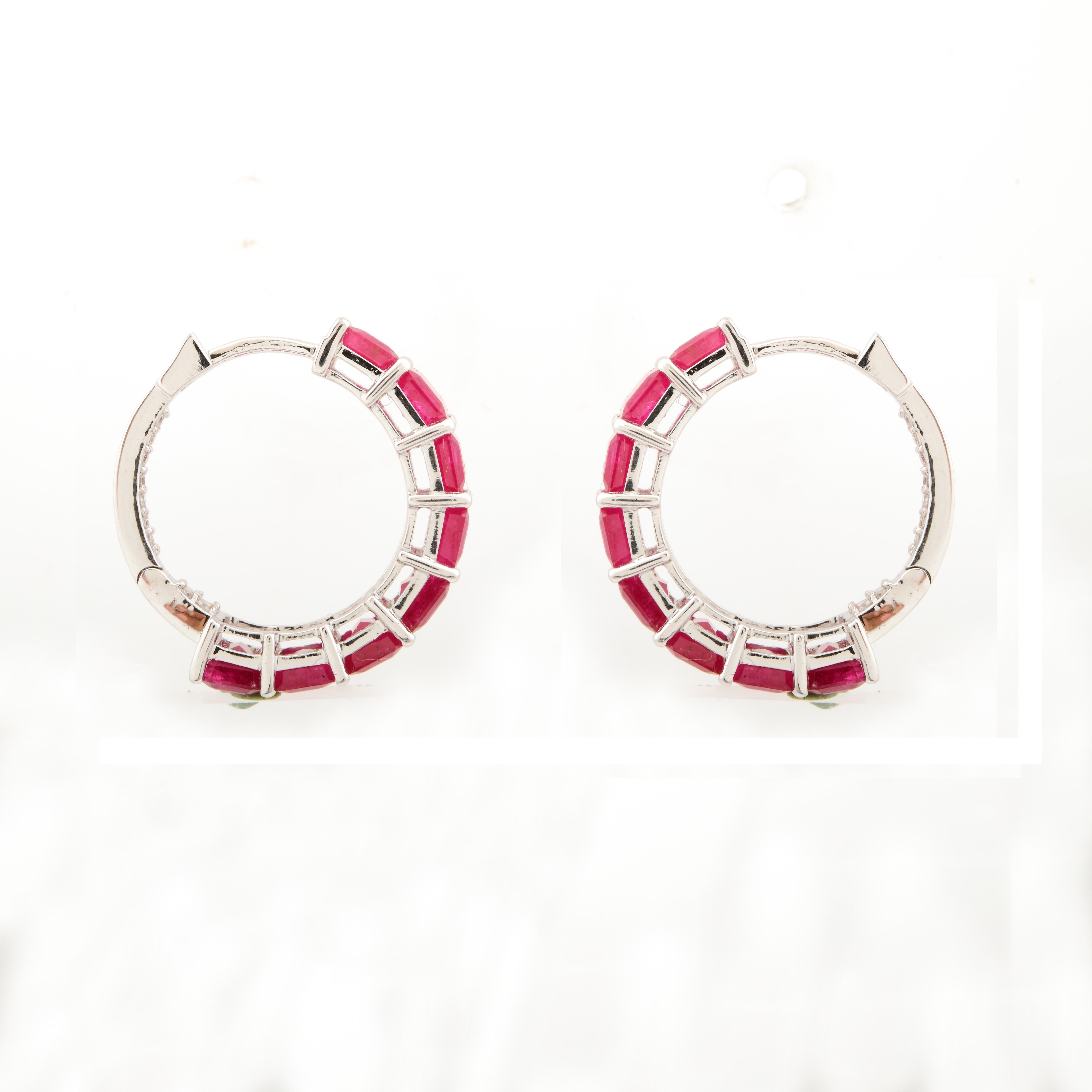 Ruby Gemstone Hoop Earrings Pave Diamond Solid 18 Karat White Gold Fine Jewelry For Sale 2