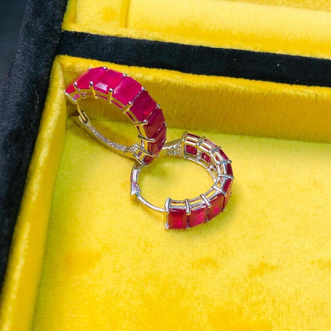 Ruby Gemstone Hoop Earrings Pave Diamond Solid 18 Karat White Gold Fine Jewelry For Sale 3