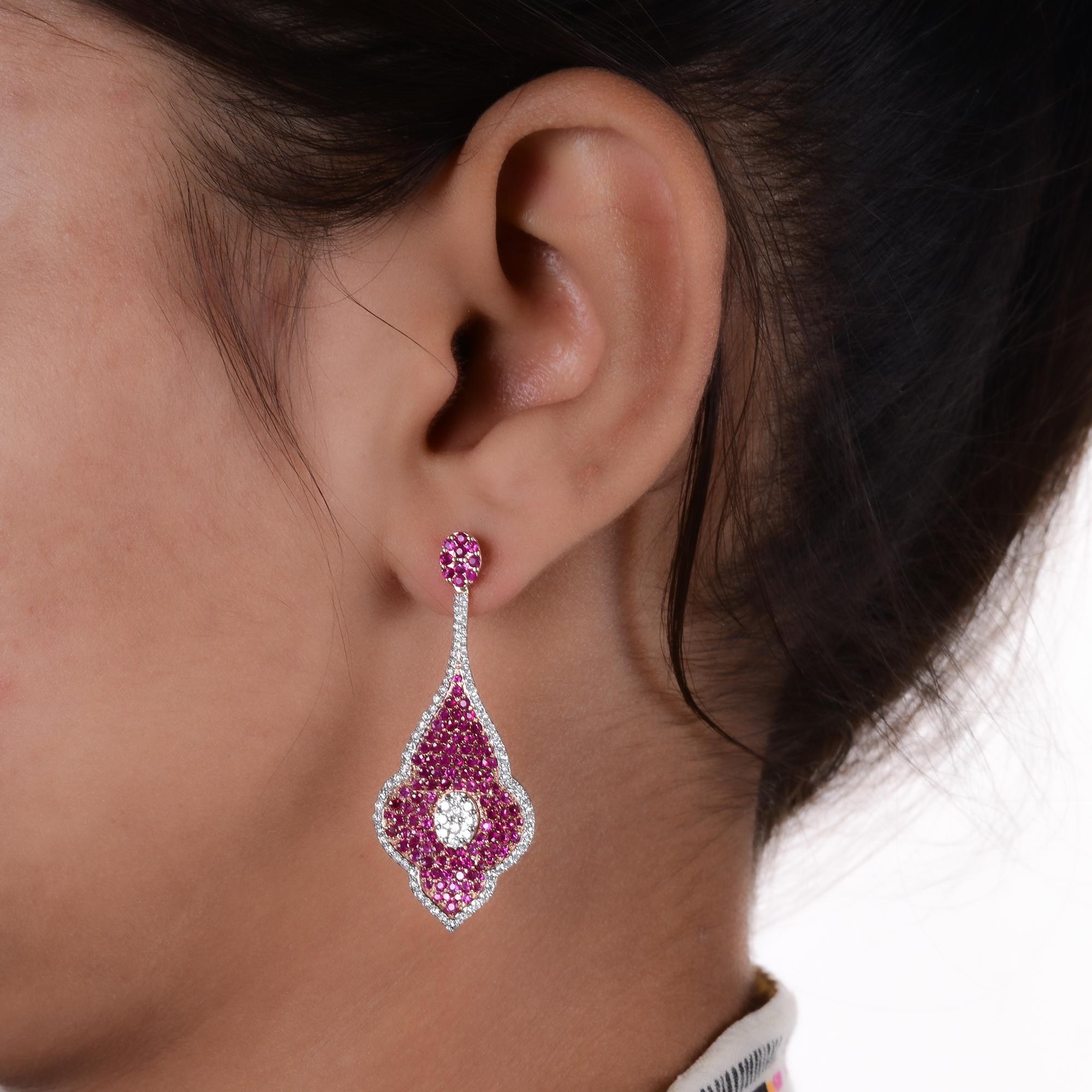 Modern Ruby Gemstone Leaf Dangle Earrings Diamond 18 Karat White & Rose Gold Jewelry For Sale