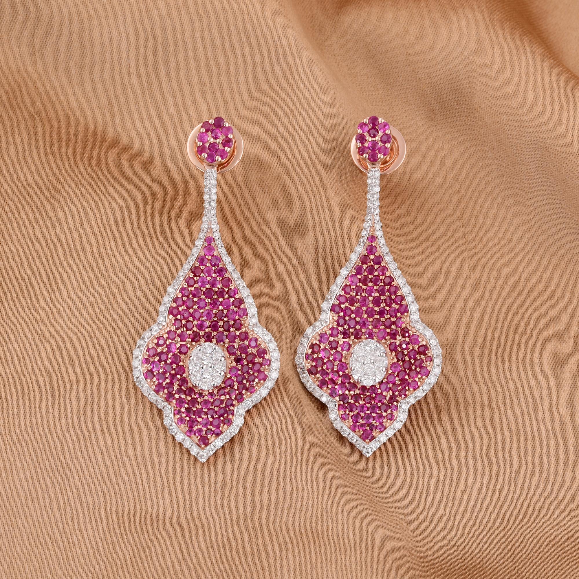 Round Cut Ruby Gemstone Leaf Dangle Earrings Diamond 18 Karat White & Rose Gold Jewelry For Sale