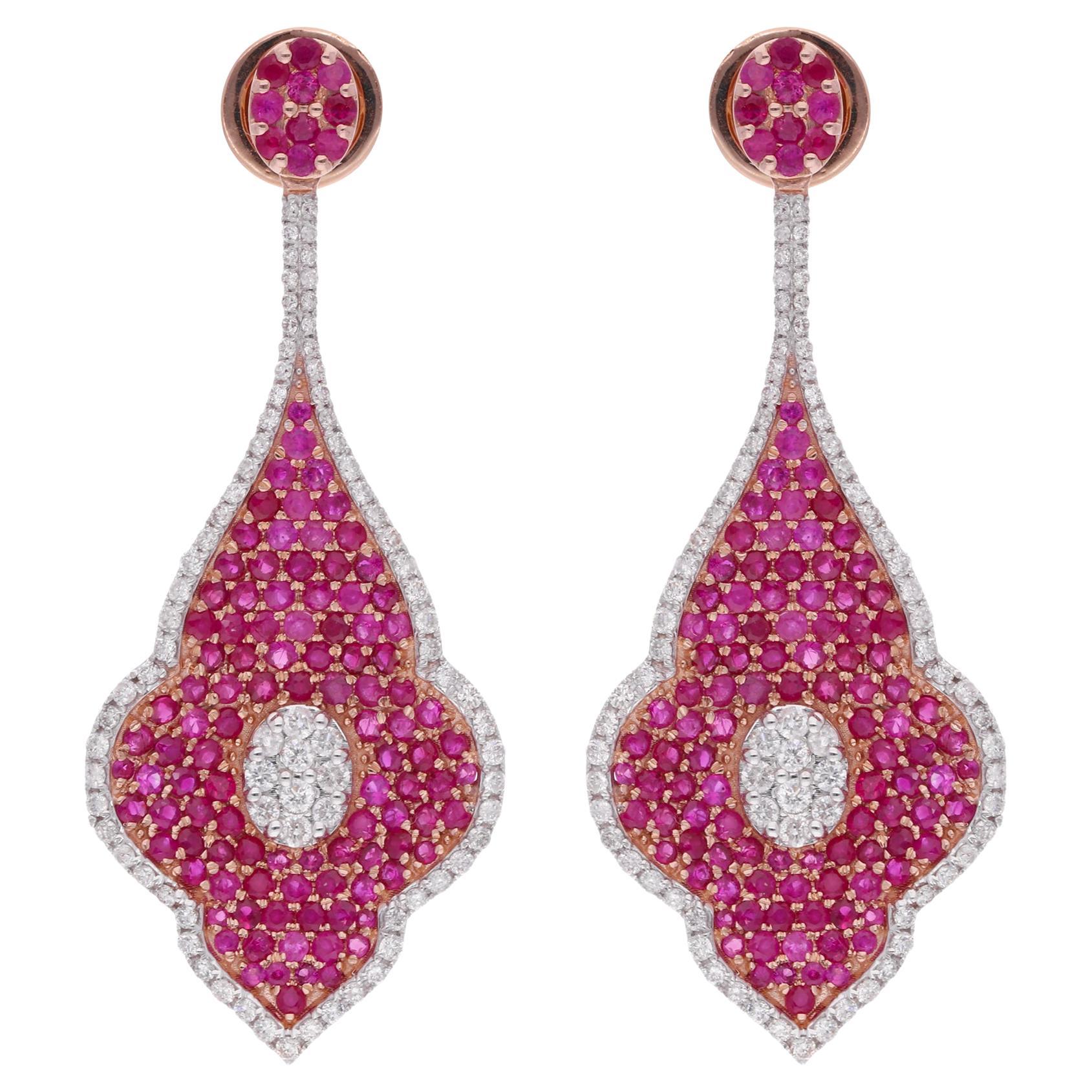Ruby Gemstone Leaf Dangle Earrings Diamond 18 Karat White & Rose Gold Jewelry For Sale