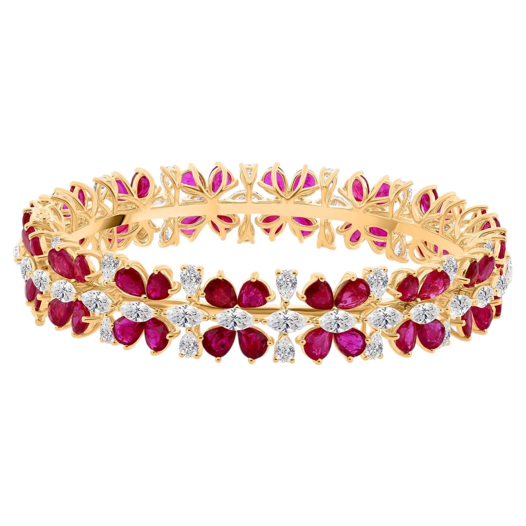 Ruby Gemstone SI/H Diamond Bangle Bracelet 18 Karat Yellow Gold Fine Jewelry
