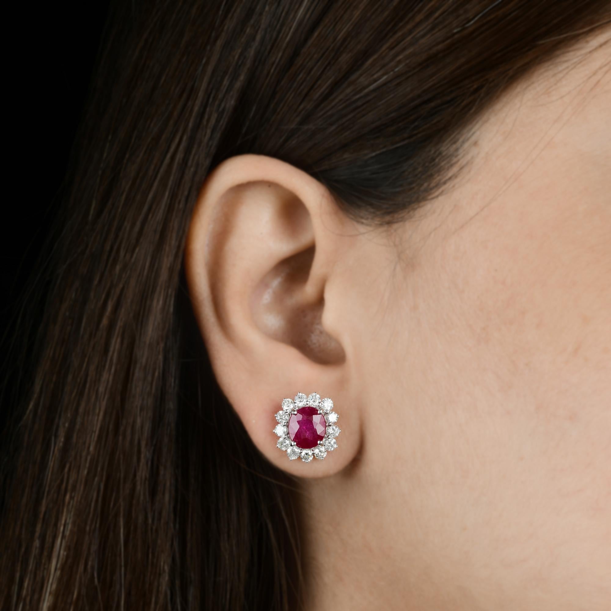 Modern Ruby Gemstone Stud Earrings Diamond 18 Karat White Gold Handmade Fine Jewelry For Sale