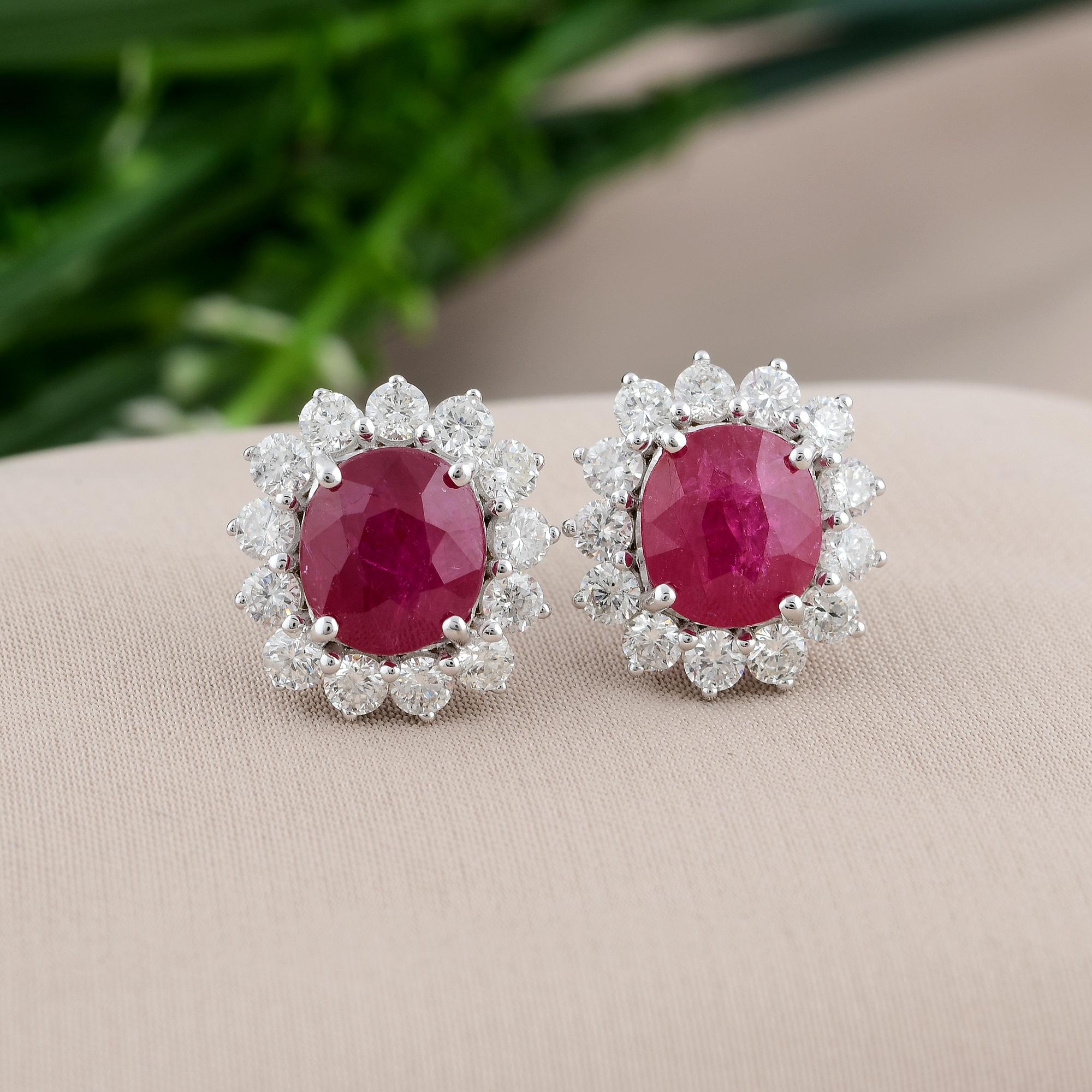 Oval Cut Ruby Gemstone Stud Earrings Diamond 18 Karat White Gold Handmade Fine Jewelry For Sale