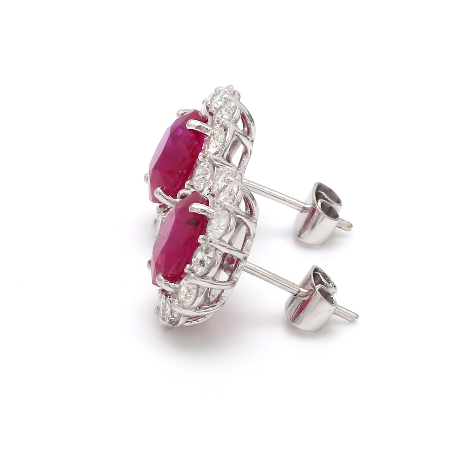 Modern Ruby Gemstone Stud Earrings SI Clarity HI Color Diamond 14k White Gold Jewelry For Sale