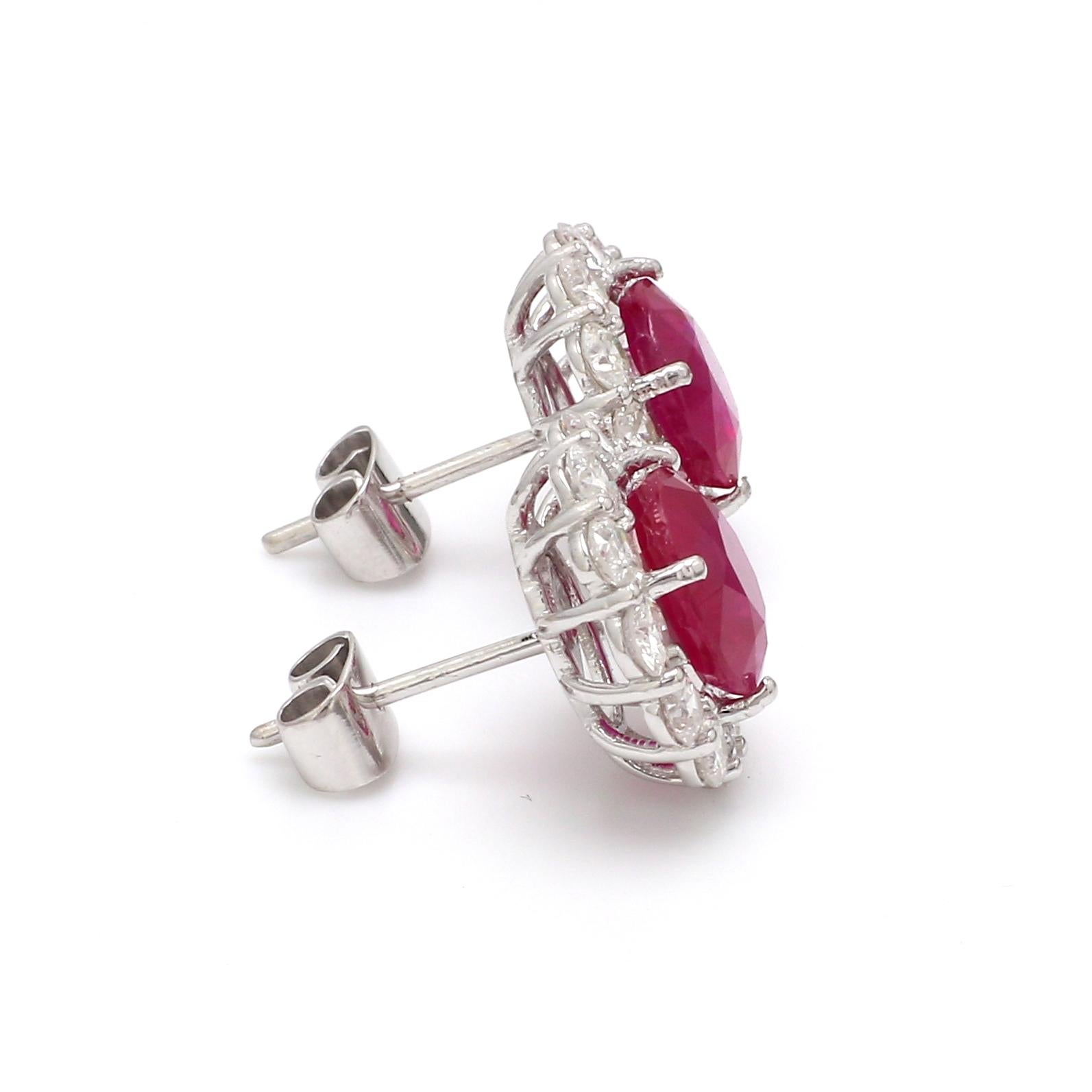 Women's Ruby Gemstone Stud Earrings SI Clarity HI Color Diamond 14k White Gold Jewelry For Sale