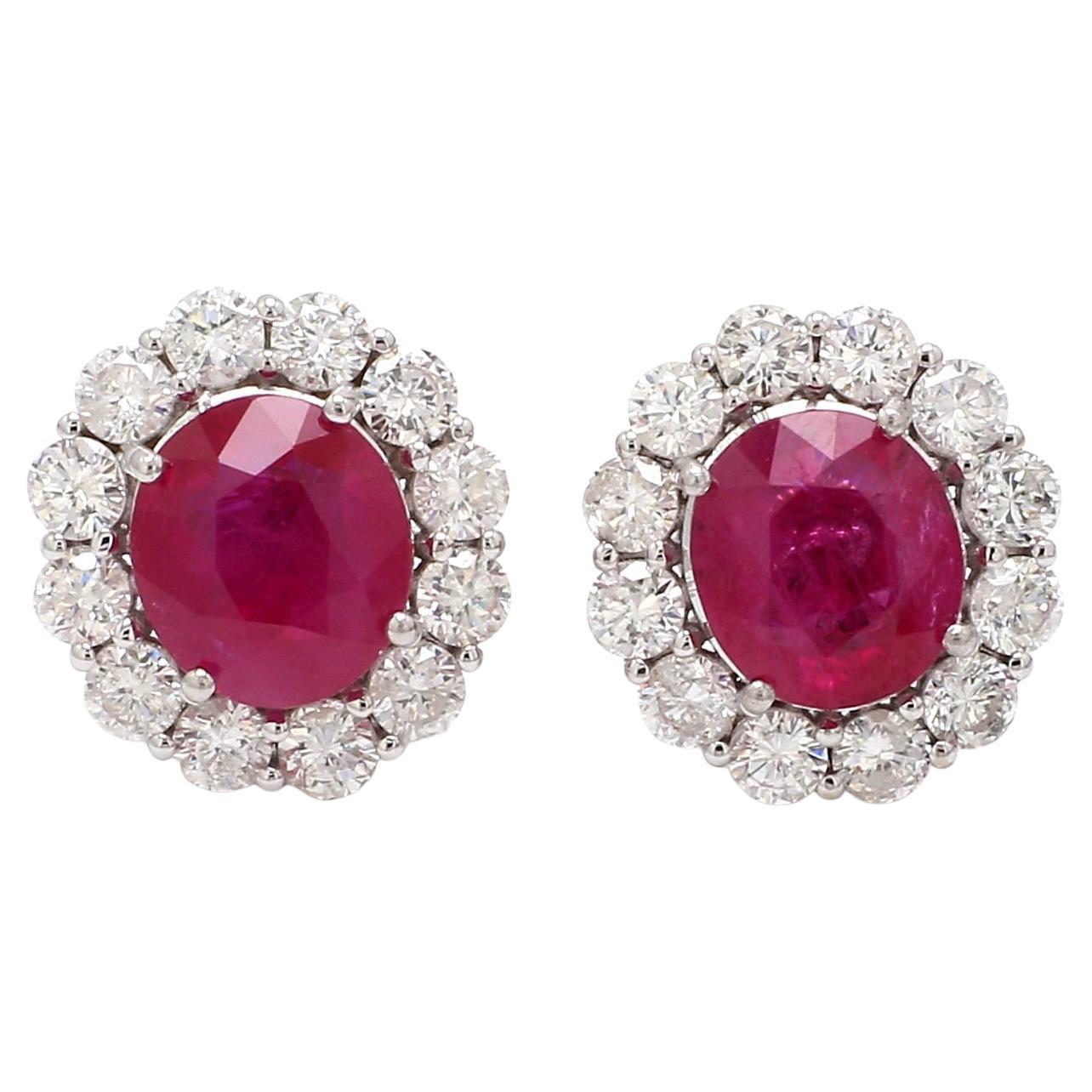 Ruby Gemstone Stud Earrings SI Clarity HI Color Diamond 18k White Gold Jewelry