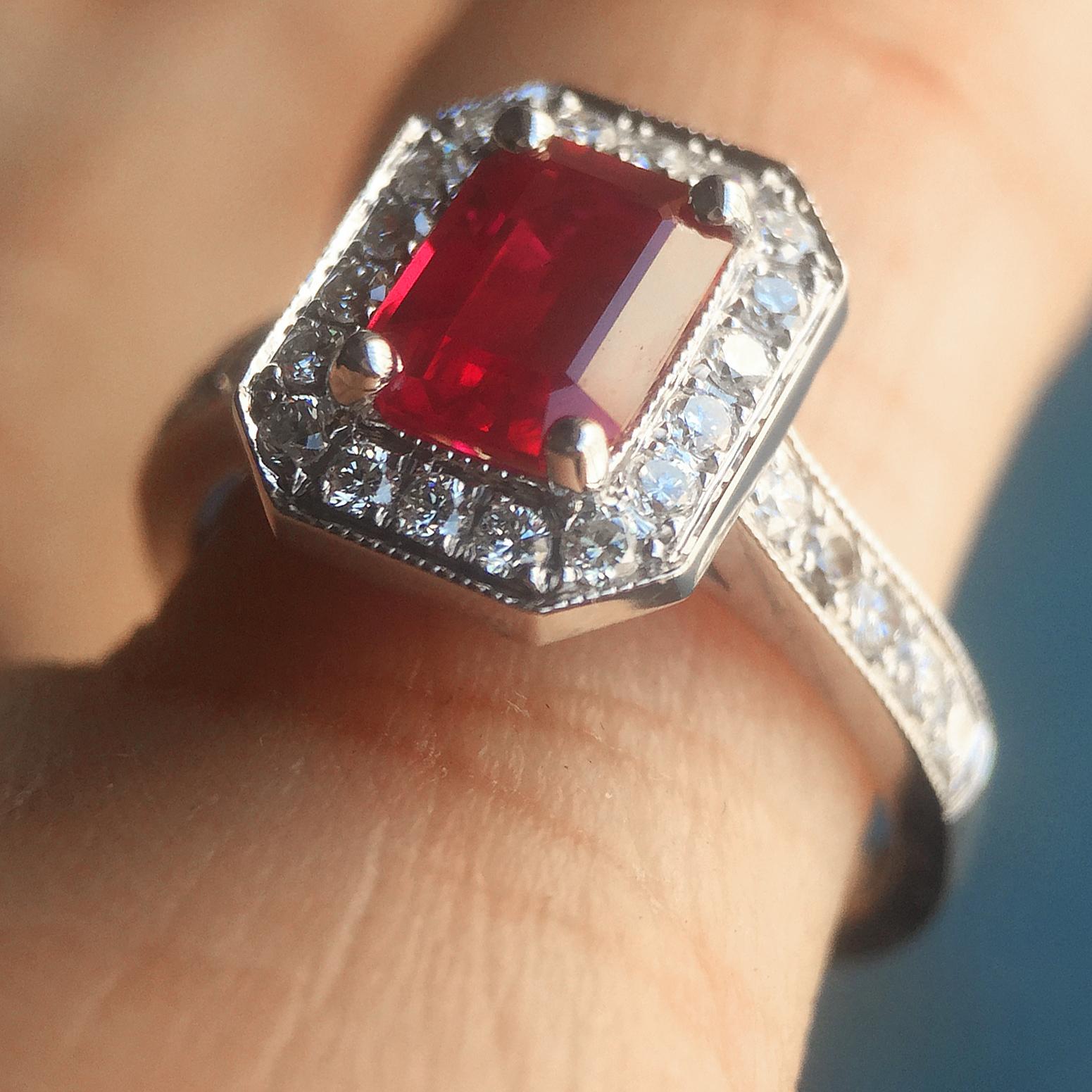 Ring will be made to order, please allow 3-6 weeks, if you need it sooner let us know and we will try to accommodate you.

1. Carat Weight: 1.00+
2. Color: Red
3. Tone:  Medium - Nice, 7.0 Out of 10
4. Hue: Fancy Red.
3. Clarity: Good See Photo
4.