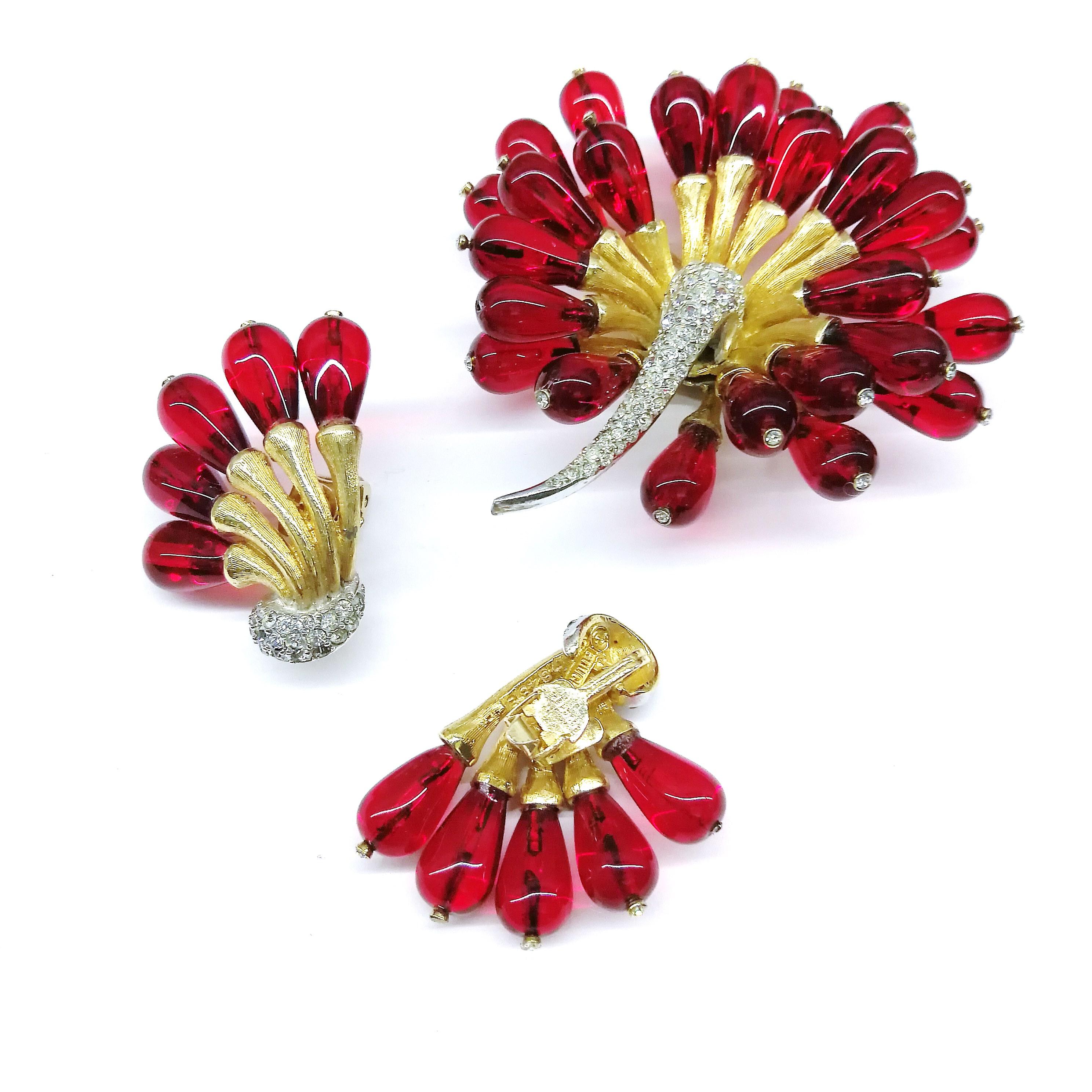 Ruby glass and paste 'sunburst' flower head brooch and earrings, Boucher, 1960s 8