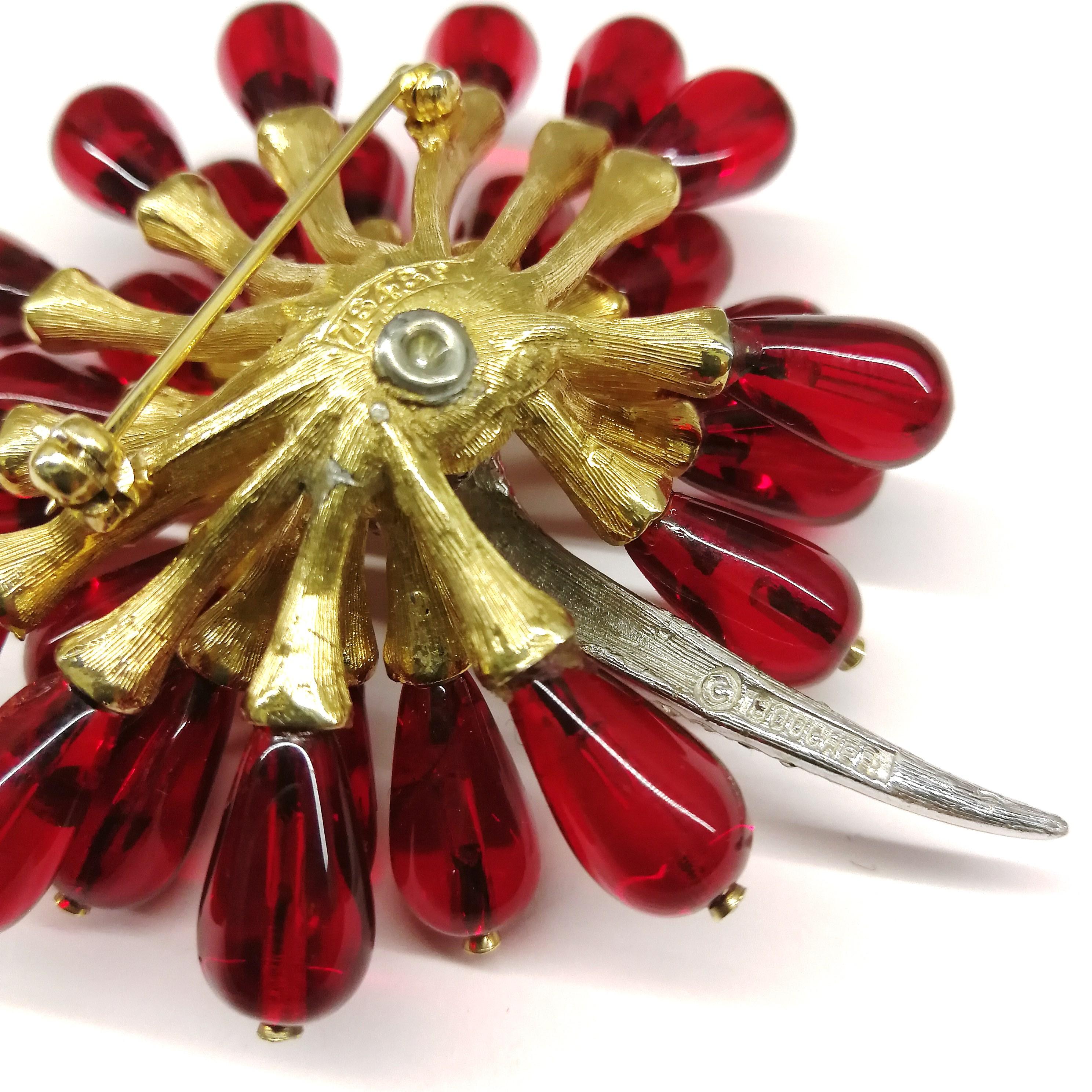 Ruby glass and paste 'sunburst' flower head brooch and earrings, Boucher, 1960s 1