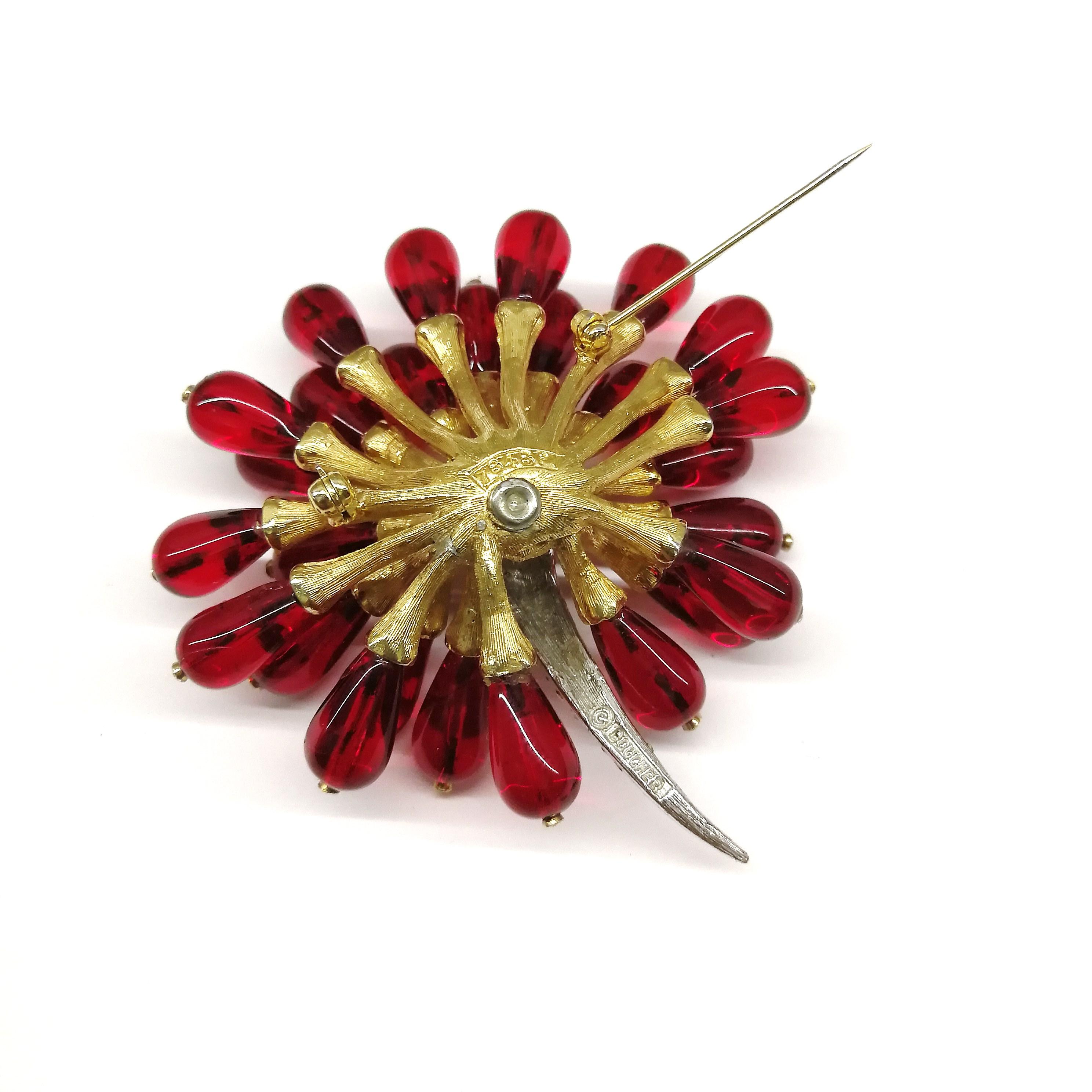 Ruby glass and paste 'sunburst' flower head brooch and earrings, Boucher, 1960s 2