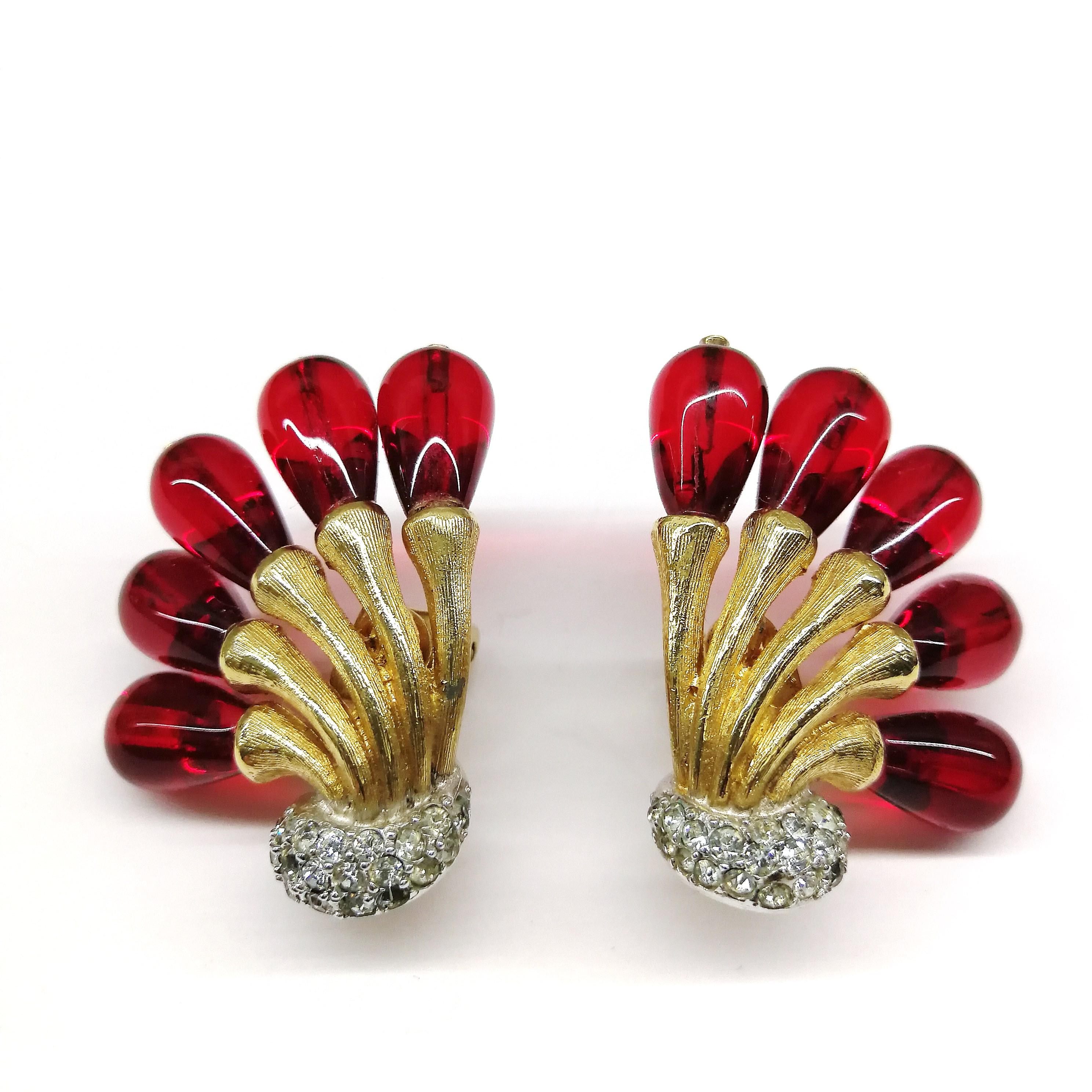 Ruby glass and paste 'sunburst' flower head brooch and earrings, Boucher, 1960s 4