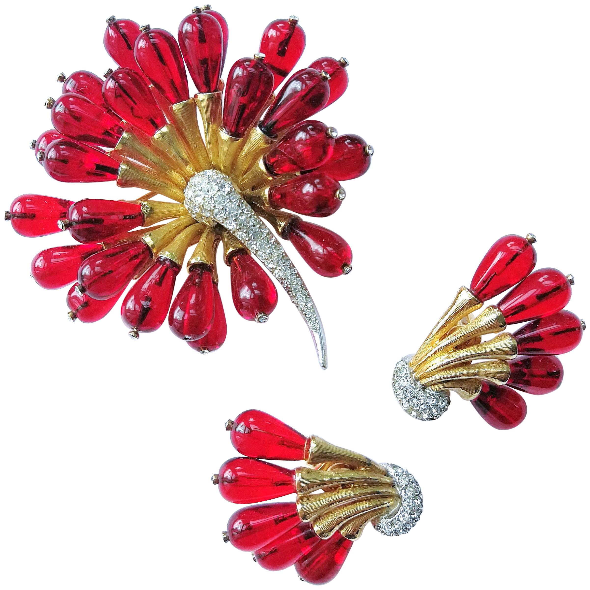 Ruby glass and paste 'sunburst' flower head brooch and earrings, Boucher, 1960s