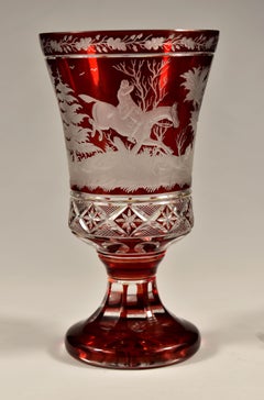 Ruby Glass Goblet - Engraved Hunting Motif - Bohemian Glass