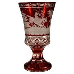 Ruby Glass Goblet - Engraved Hunting Motif - Bohemian Glass