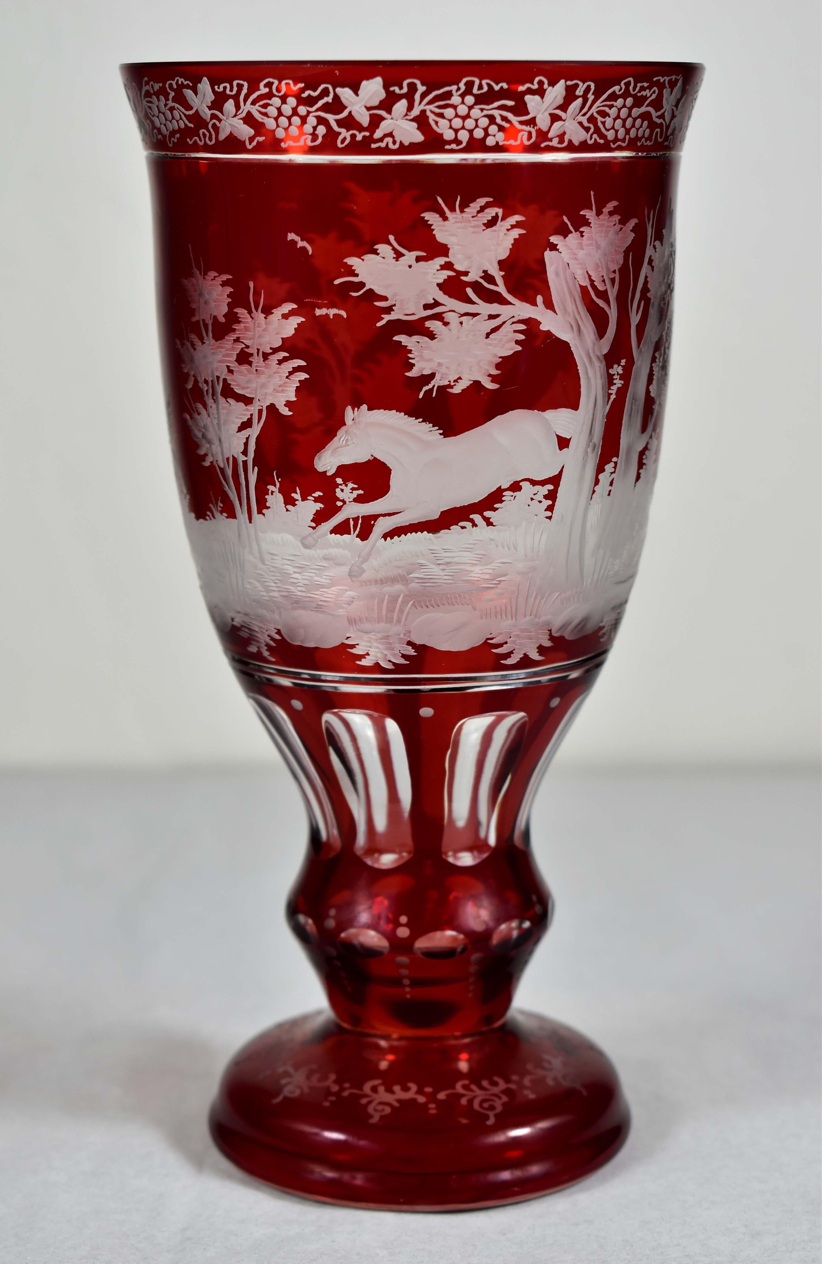 European Ruby Glass Goblet - Horse motif - Bohemian Glass - 19-20 century