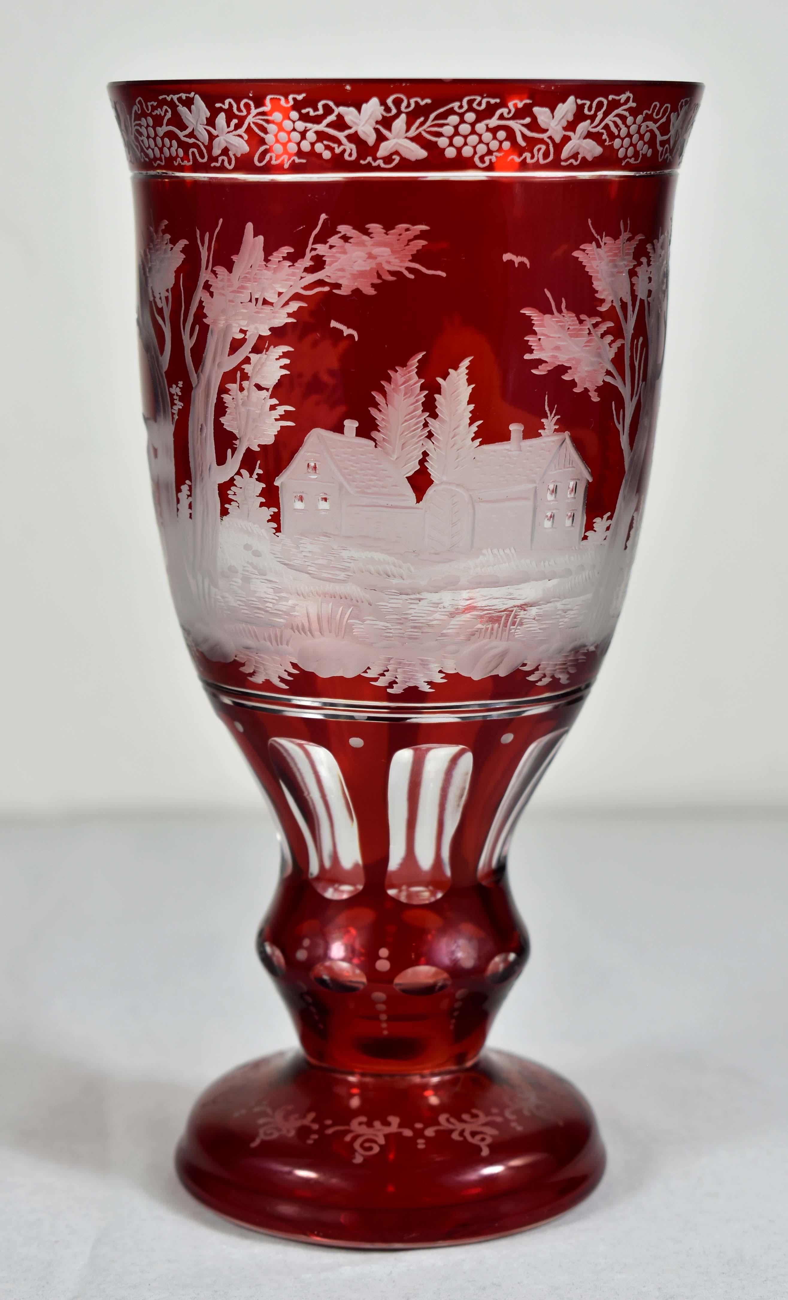 Hand-Crafted Ruby Glass Goblet - Horse motif - Bohemian Glass - 19-20 century