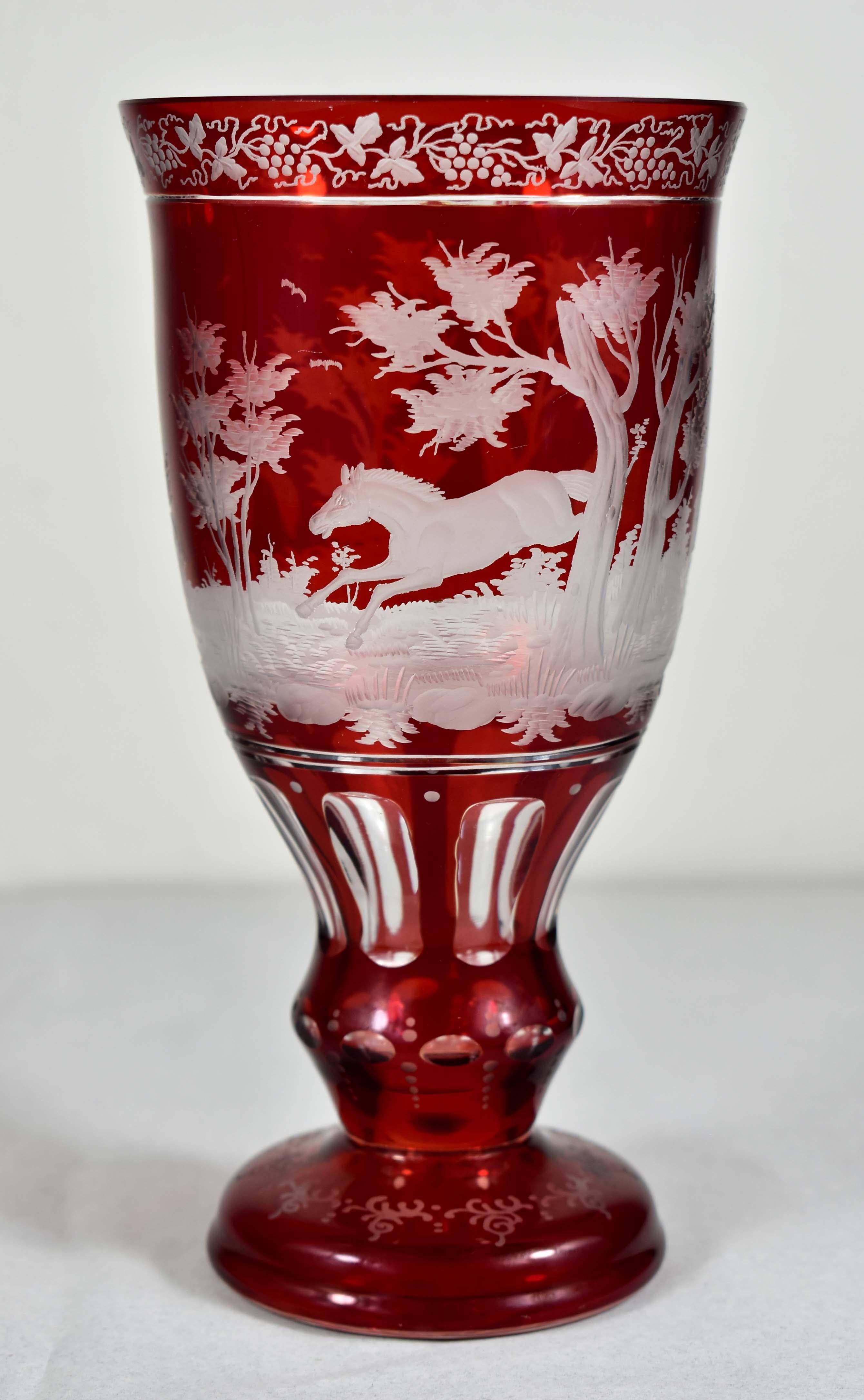 Ruby Glass Goblet - Horse motif - Bohemian Glass - 19-20 century In Good Condition In Nový Bor, CZ