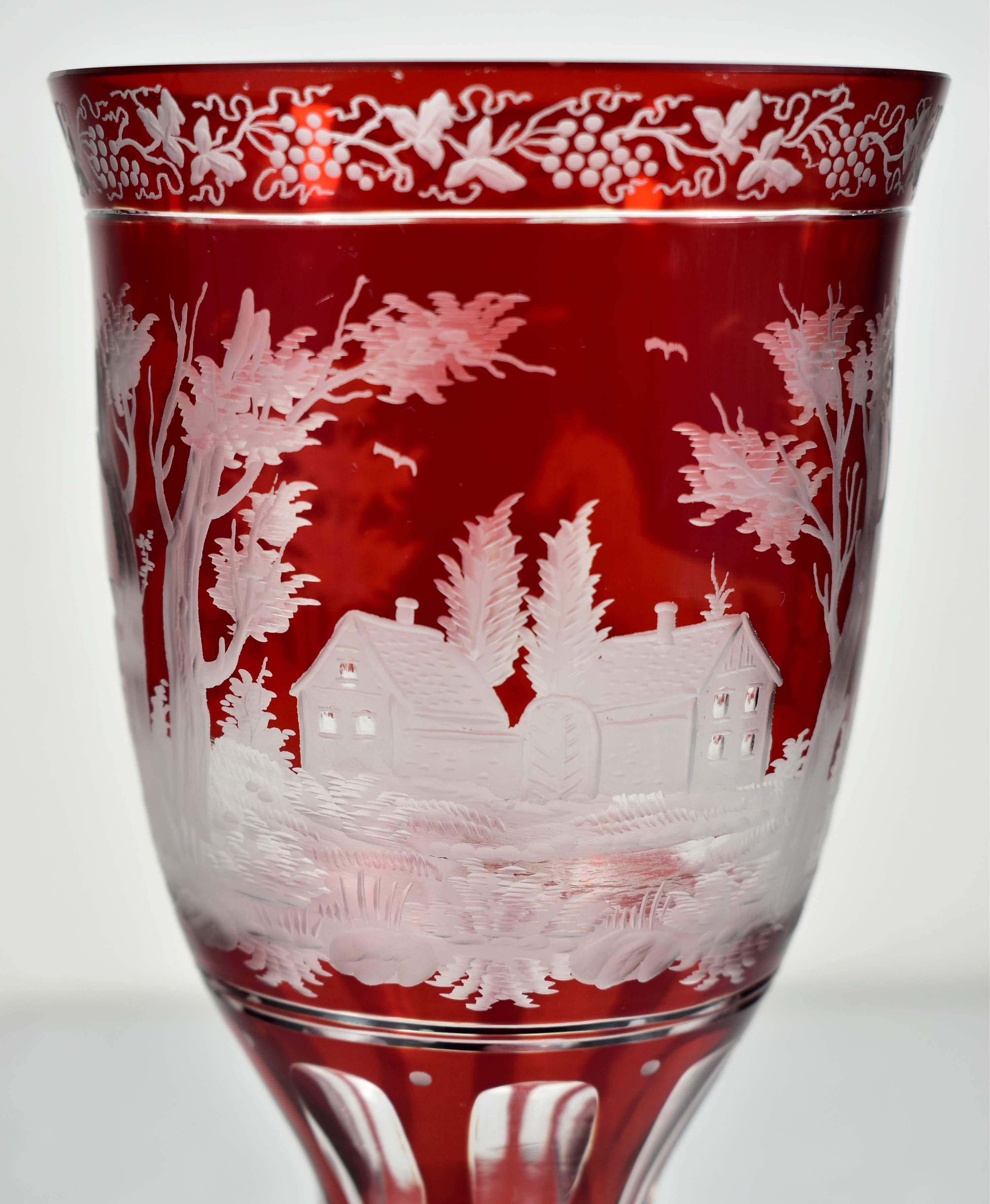 20th Century Ruby Glass Goblet - Horse motif - Bohemian Glass - 19-20 century
