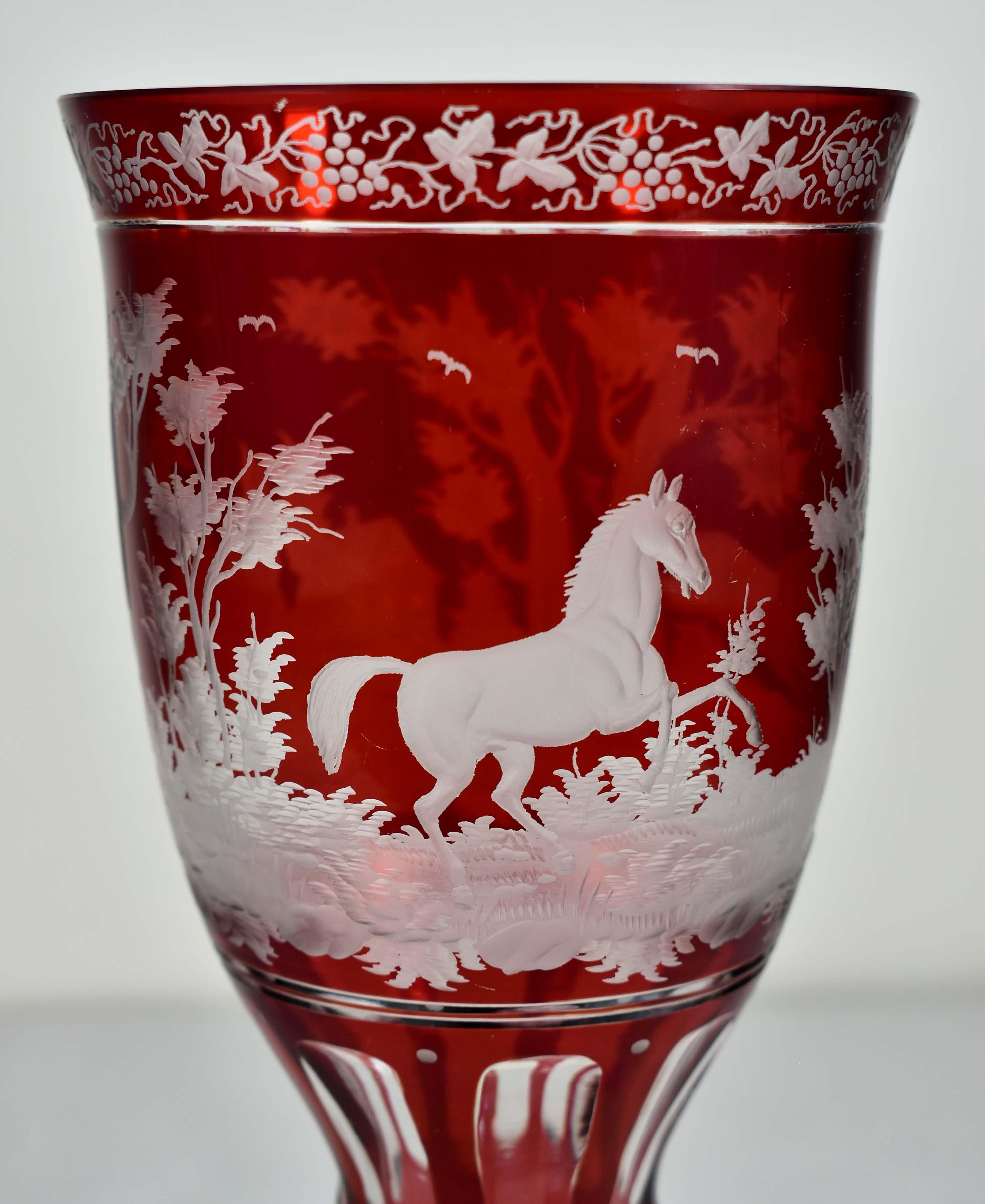 Art Glass Ruby Glass Goblet - Horse motif - Bohemian Glass - 19-20 century