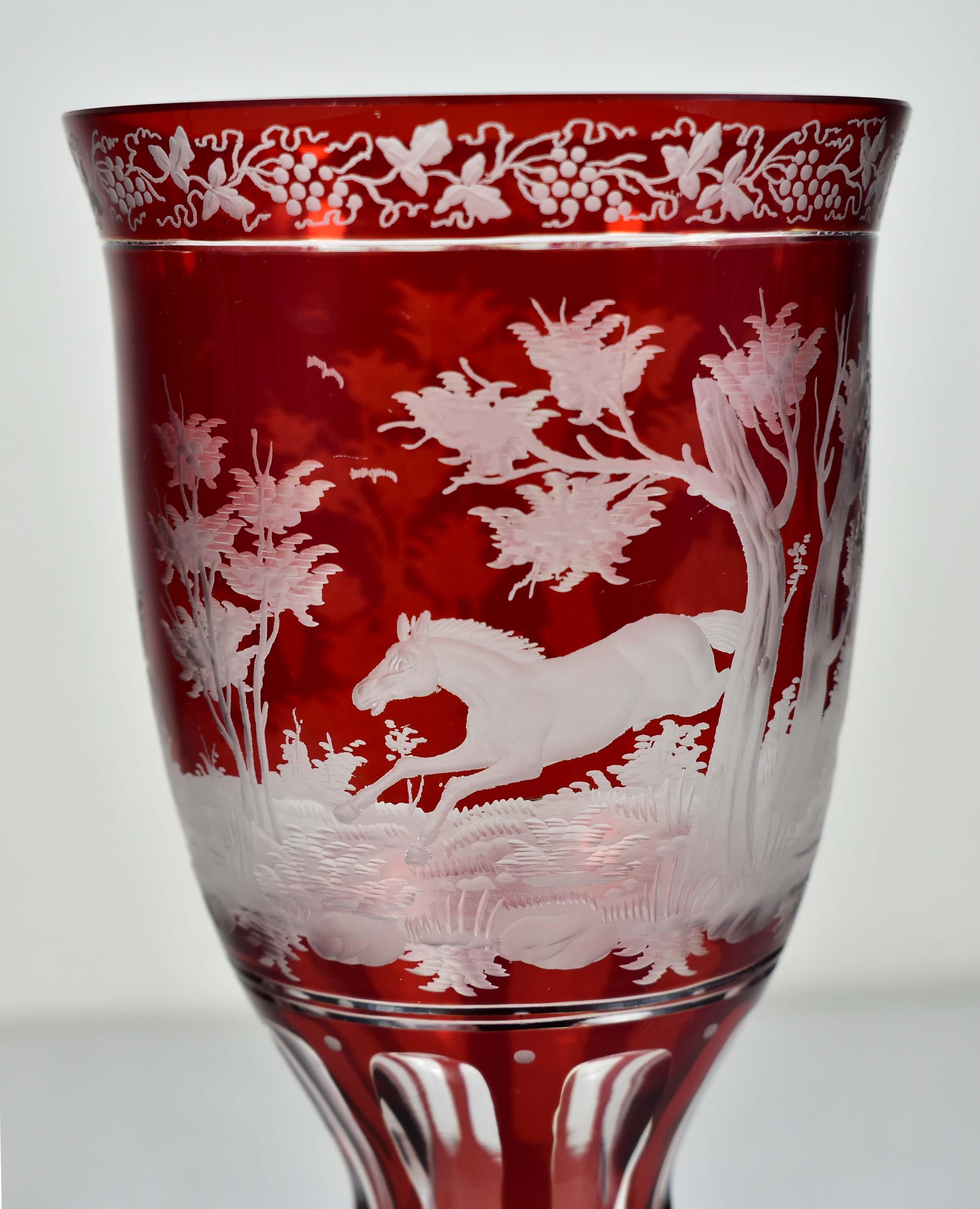 Ruby Glass Goblet - Horse motif - Bohemian Glass - 19-20 century 1
