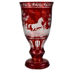 Ruby Glass Goblet - Horse motif - Bohemian Glass - 19-20 century