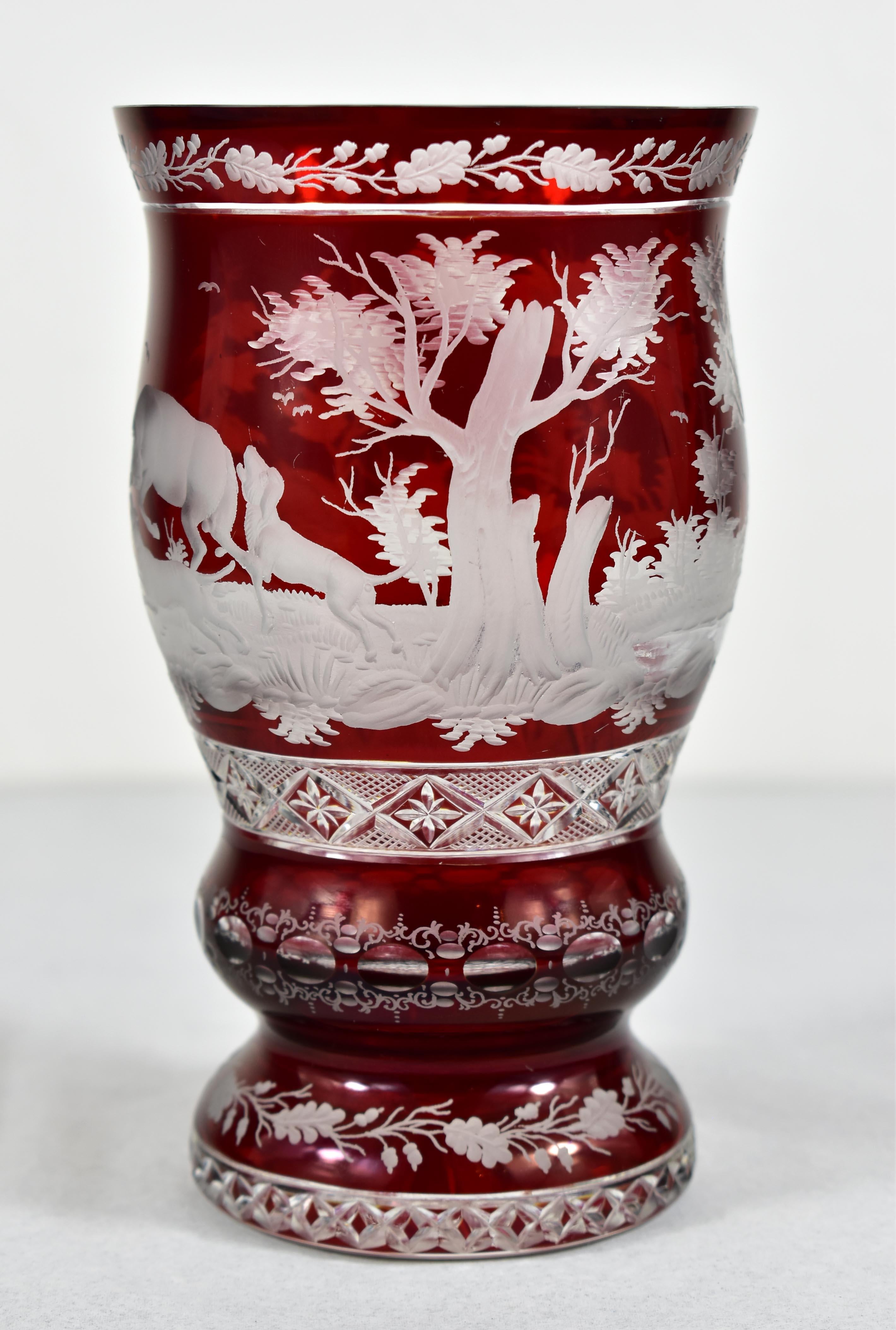 Hand-Crafted Ruby Glass Goblet - Hunting motif - Bohemian Glass - 19-20 century