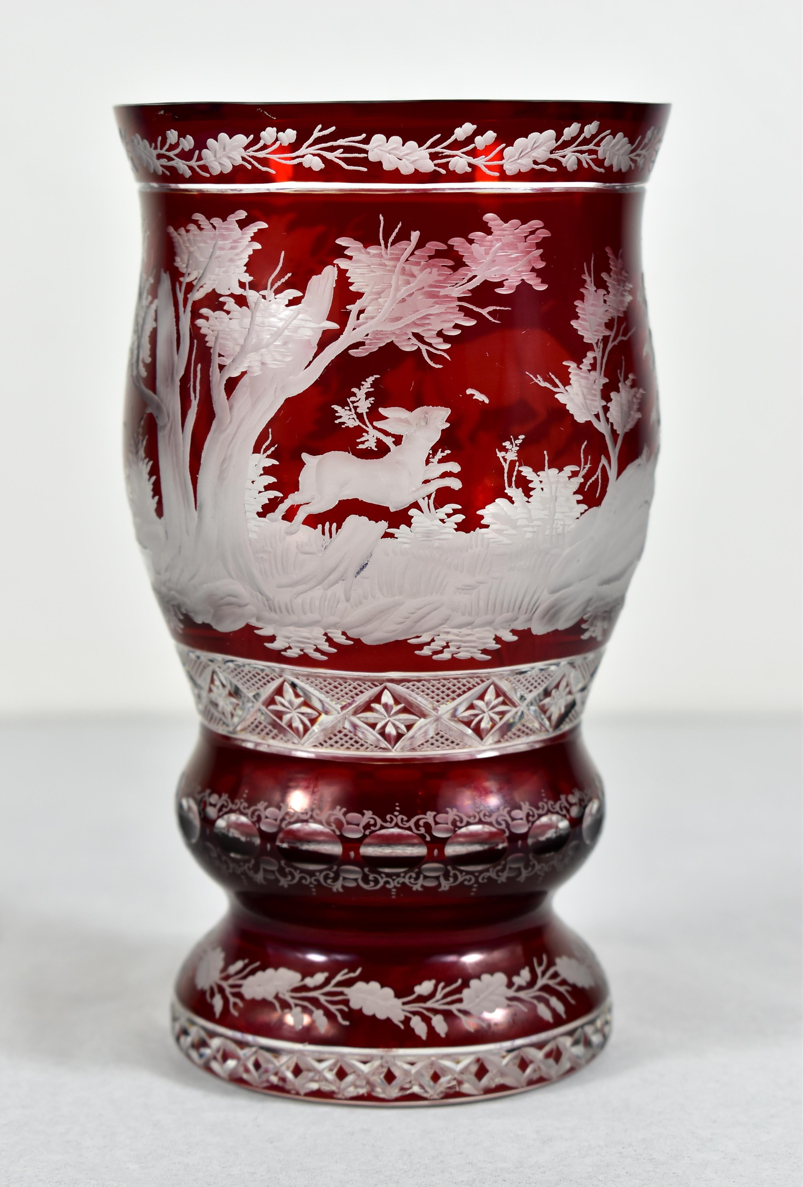 20th Century Ruby Glass Goblet - Hunting motif - Bohemian Glass - 19-20 century
