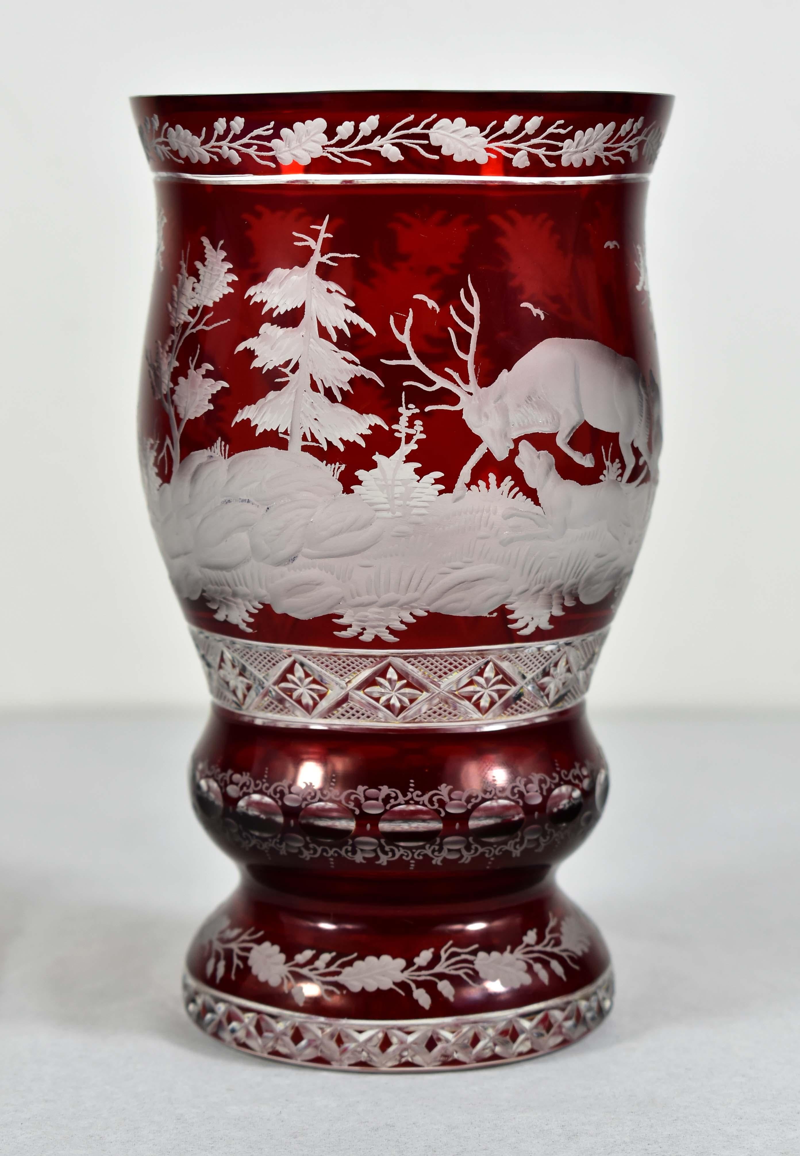 Art Glass Ruby Glass Goblet - Hunting motif - Bohemian Glass - 19-20 century