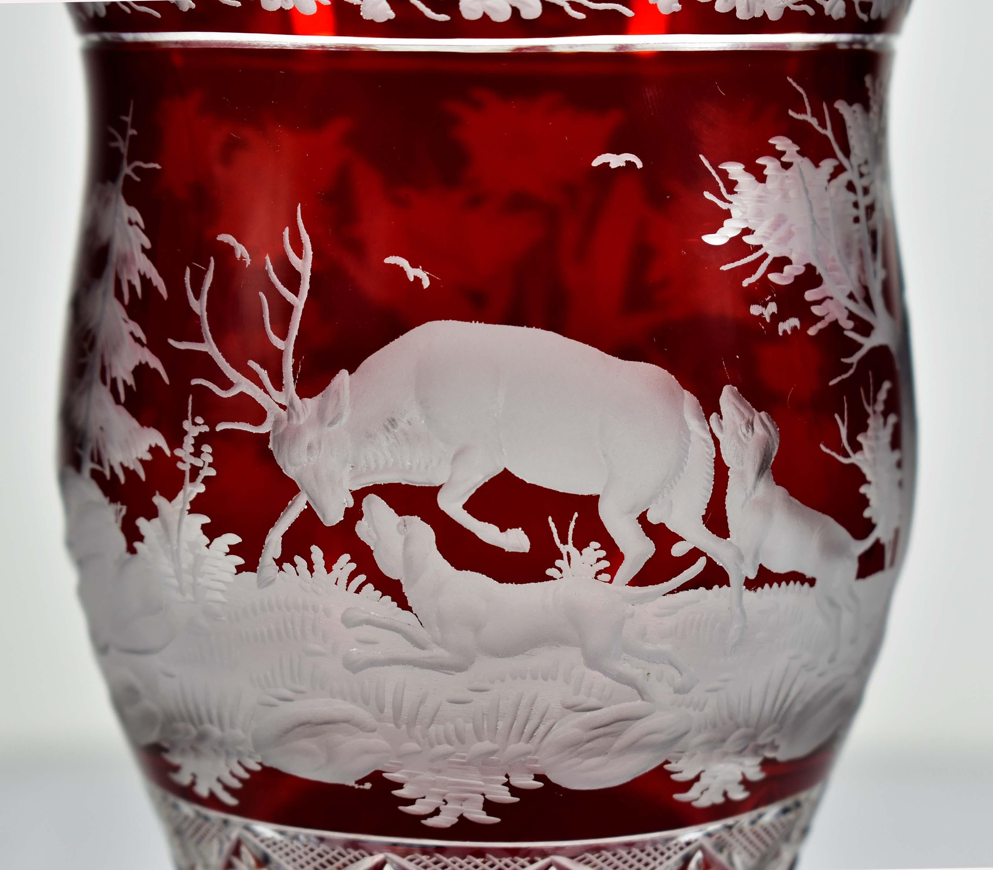 Ruby Glass Goblet - Hunting motif - Bohemian Glass - 19-20 century 1