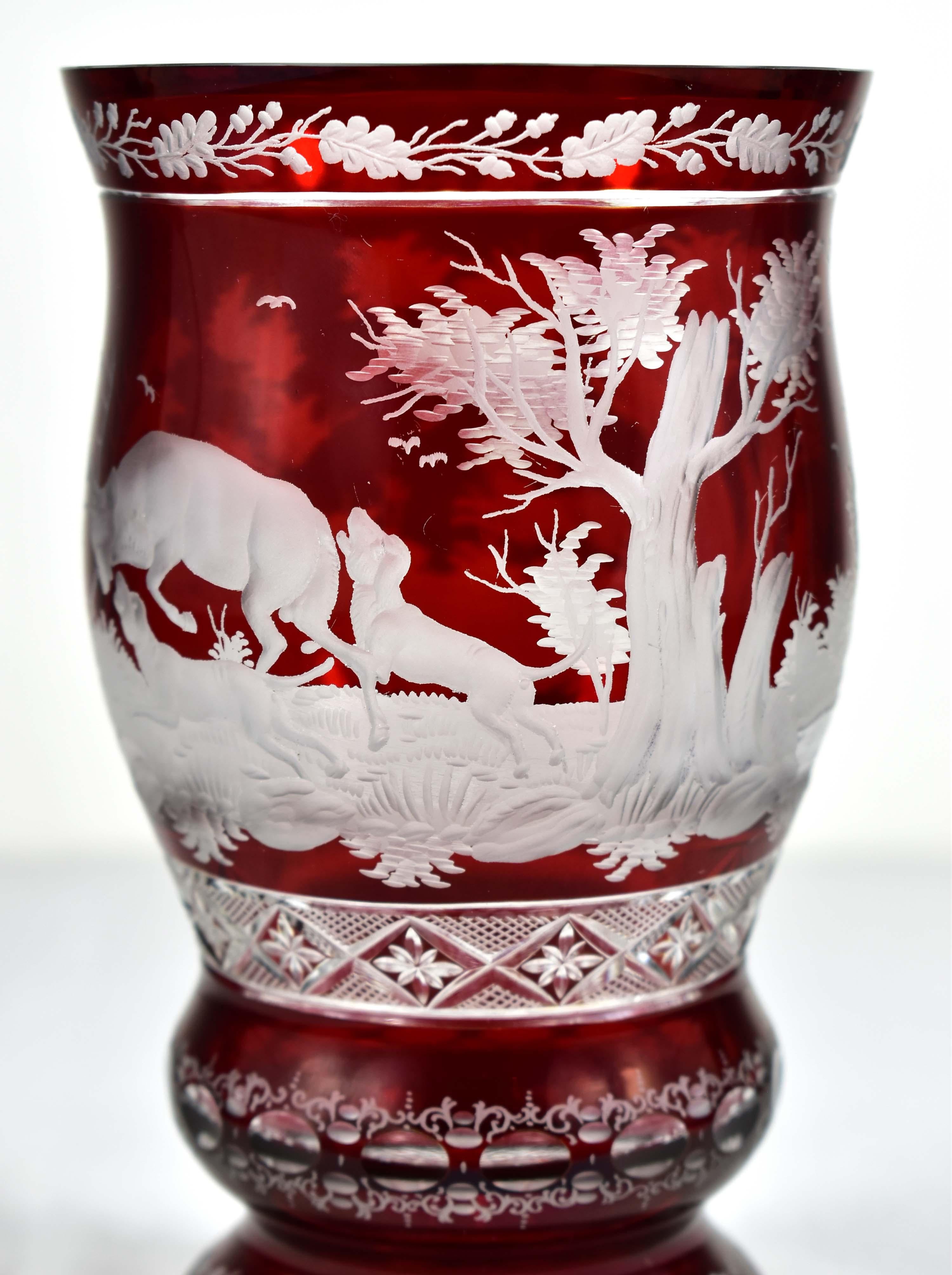 Ruby Glass Goblet - Hunting motif - Bohemian Glass - 19-20 century 3