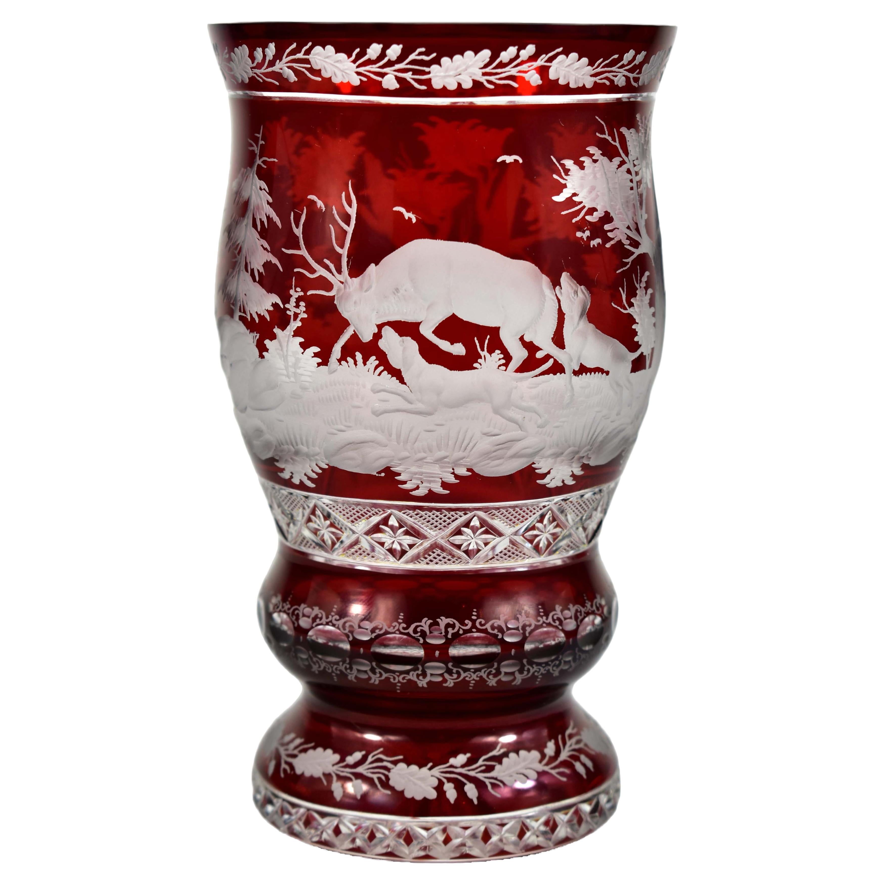 Ruby Glass Goblet - Hunting motif - Bohemian Glass - 19-20 century