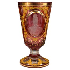 Vintage Ruby Glass Goblet Portrait-Mozaffar ad-Din Shah Qajar 20th Century